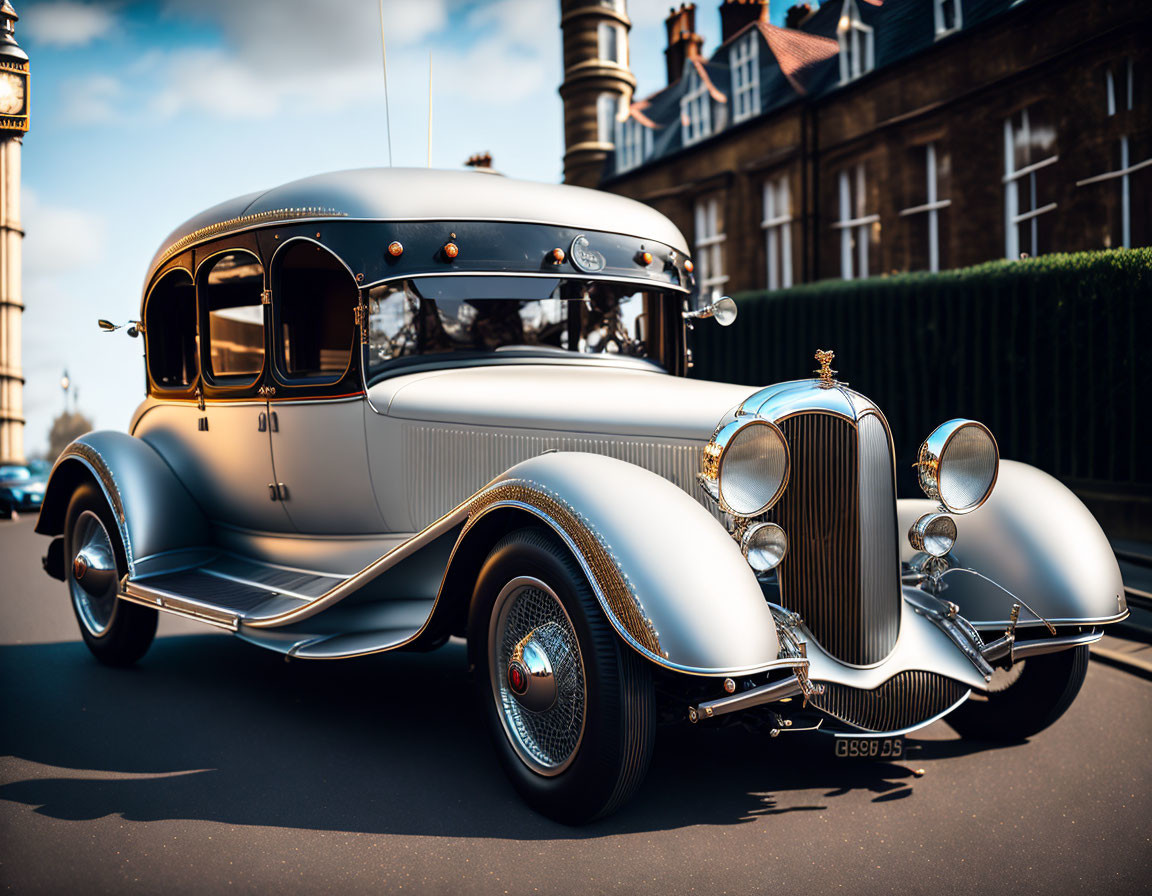 Classic Silver Car Parked on Sunny Street with Elegant Design Details