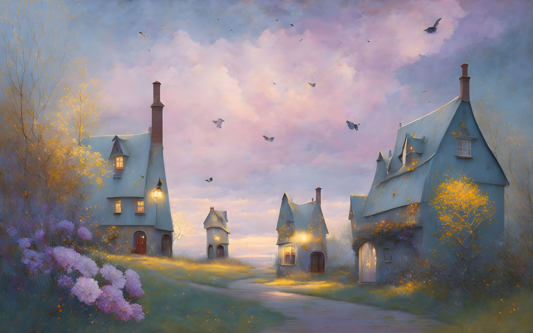 Tranquil scene of storybook cottages under pastel sky