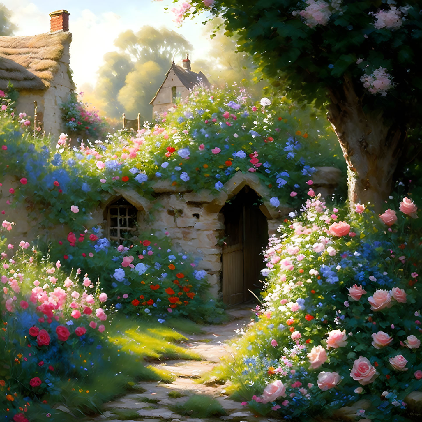 Charming cottage in lush garden with blooming roses