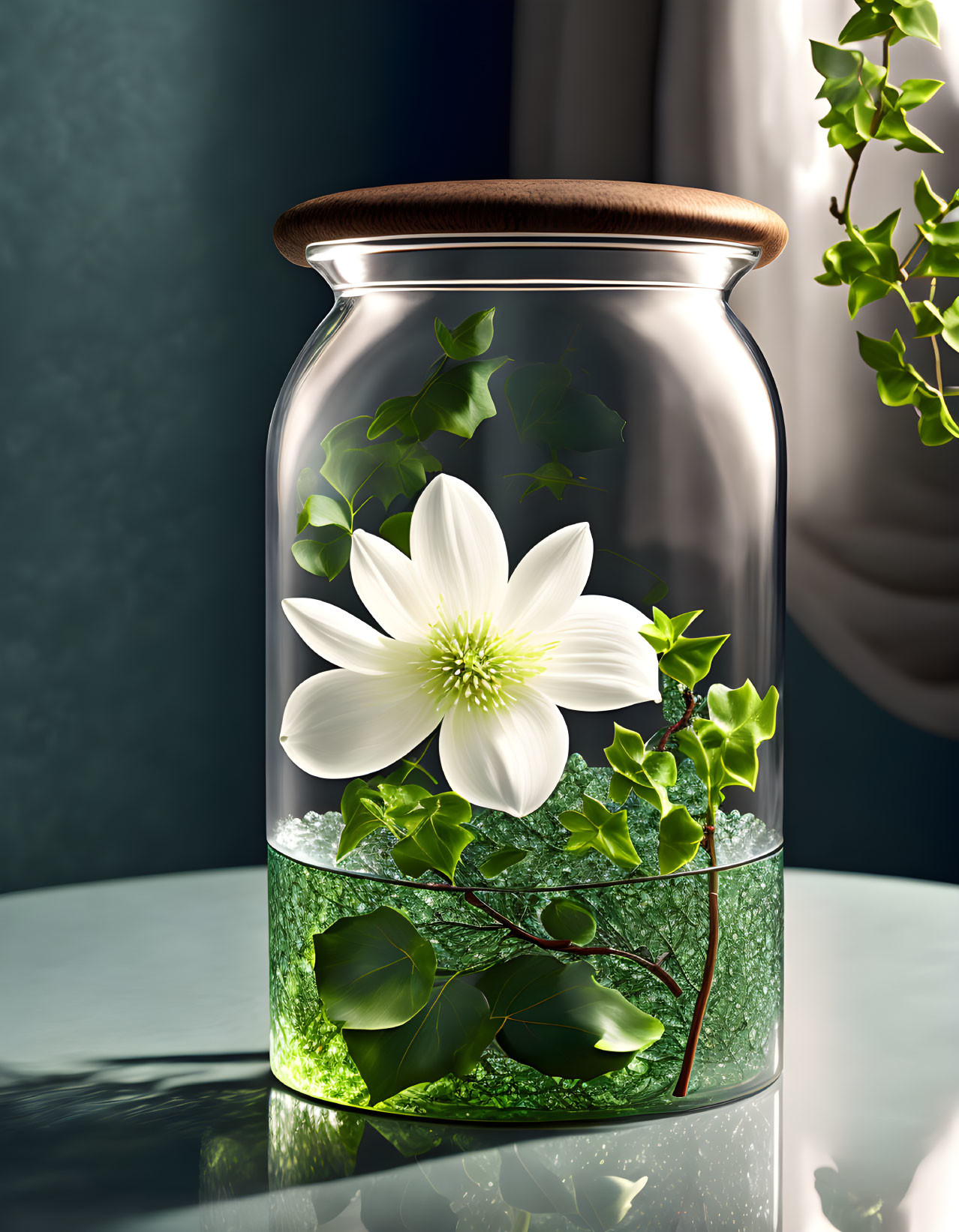 White Flower and Green Leaves in Glass Jar Digital Art