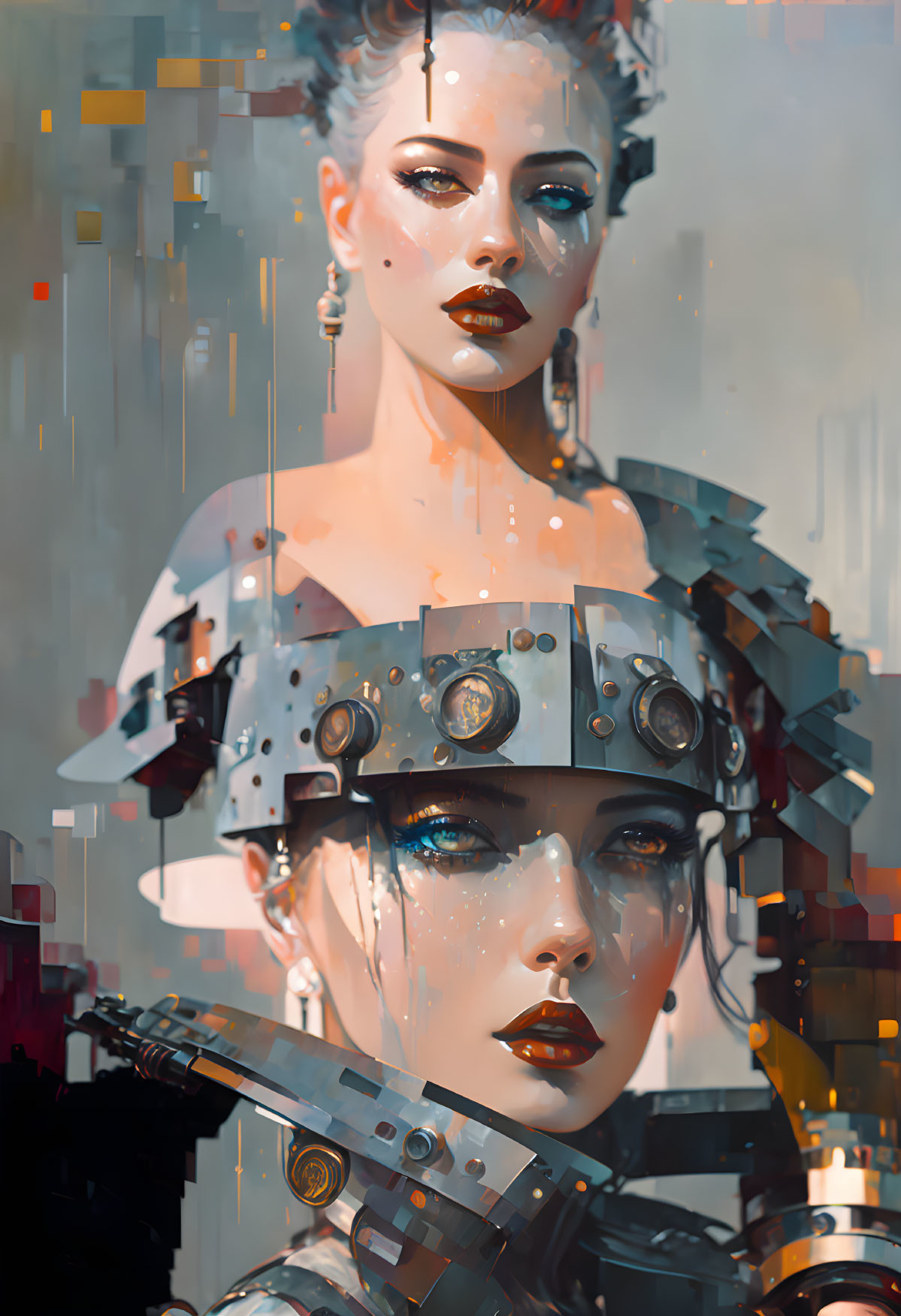 Futuristic digital artwork of two women with cybernetic enhancements