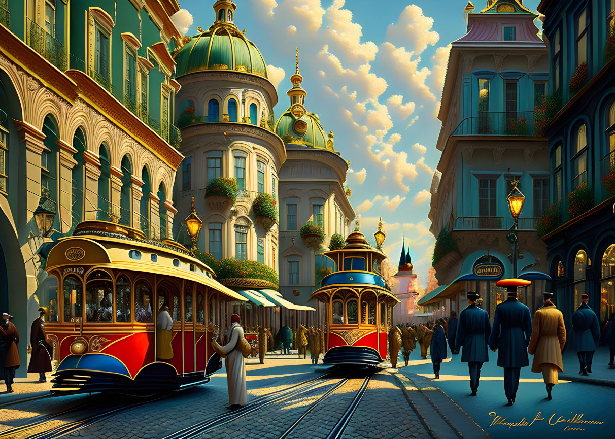 Colorful street scene with ornate buildings, vintage attire, and sunny sky.