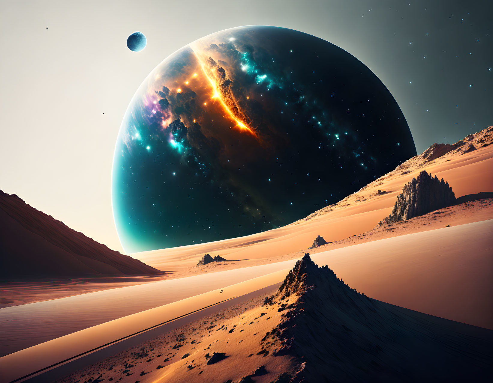 Desert landscape with dunes under starry sky, planet and moon - sci-fi scene