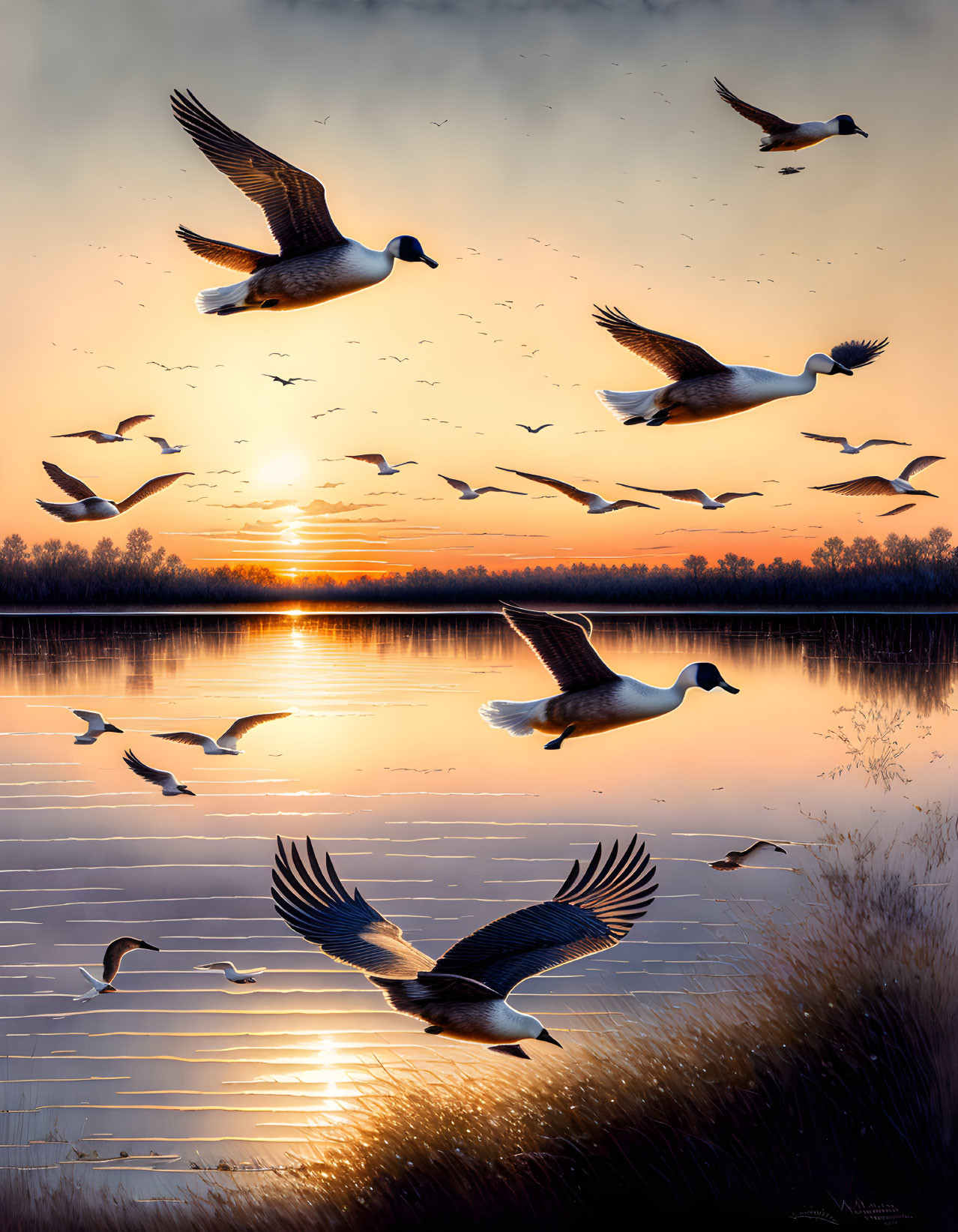 Tranquil lake at sunset with geese flying low