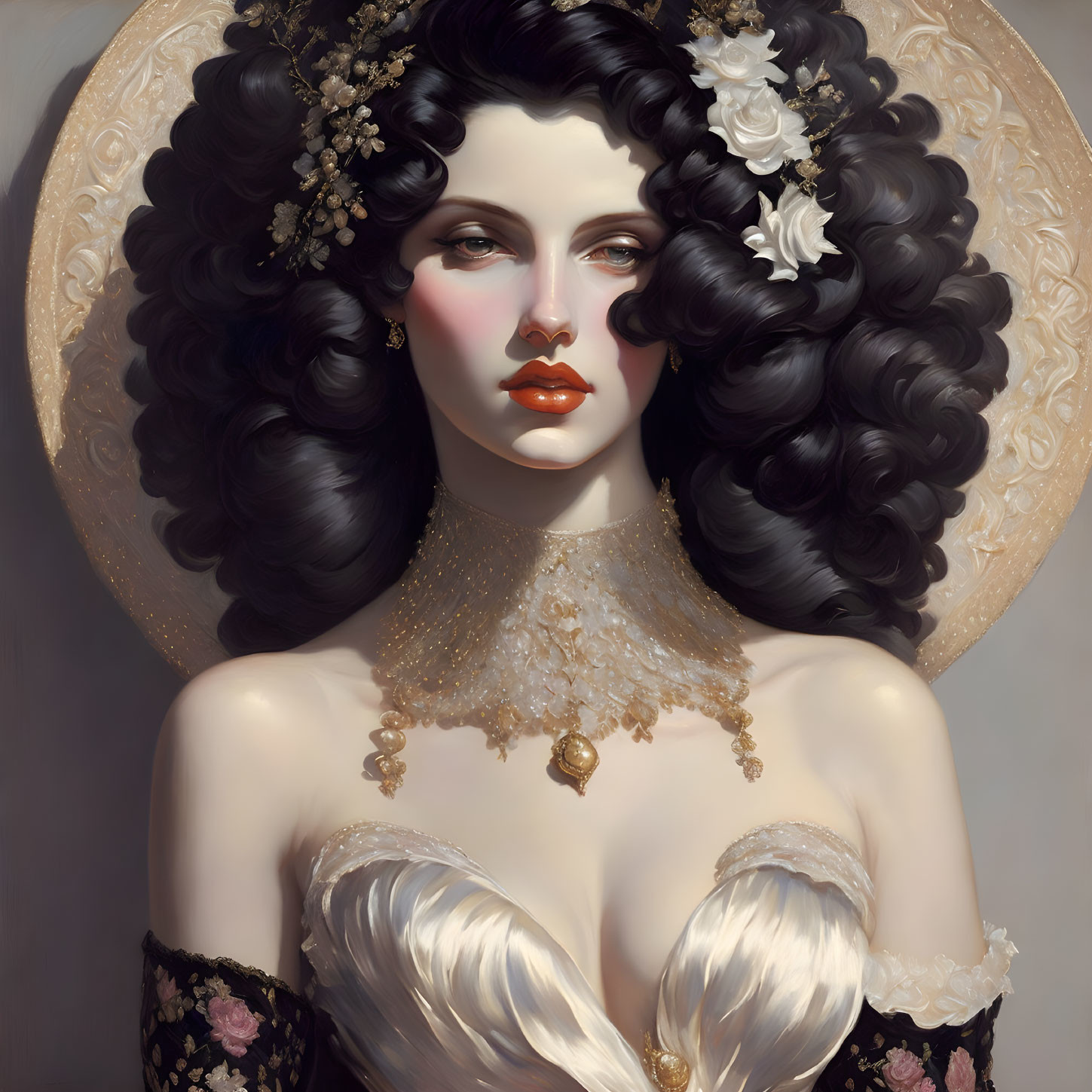 Stylized portrait of woman with curly black hair and floral adornments