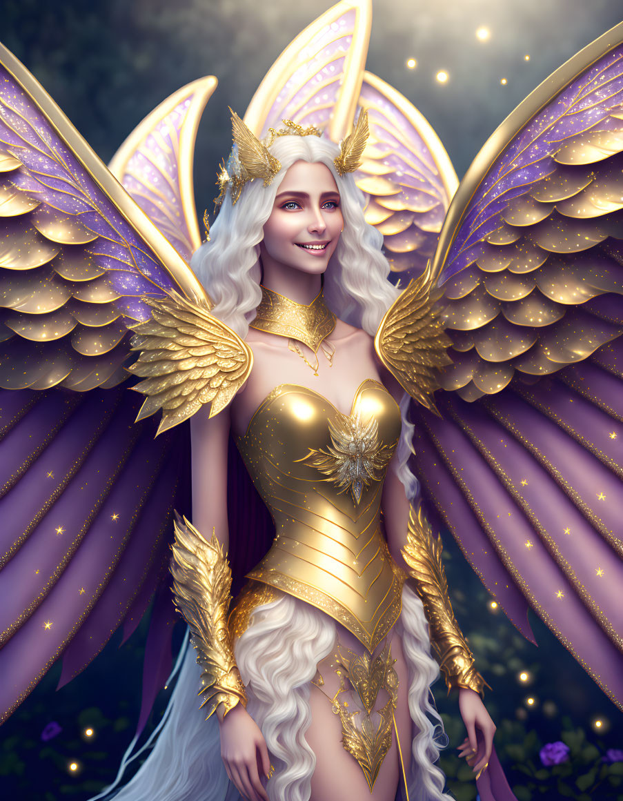 Golden-winged character in armor against star-lit backdrop