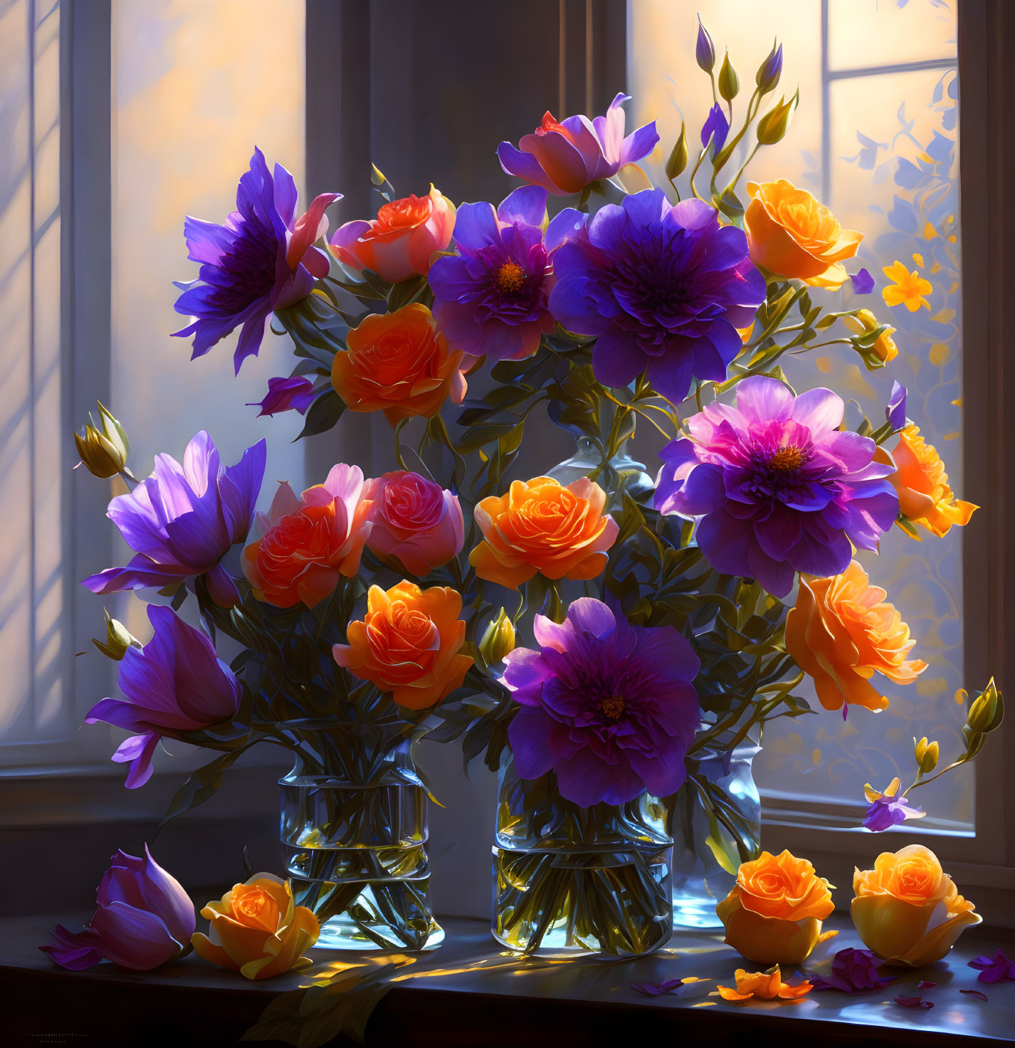 Purple and Orange Flowers in Sunlight by Window