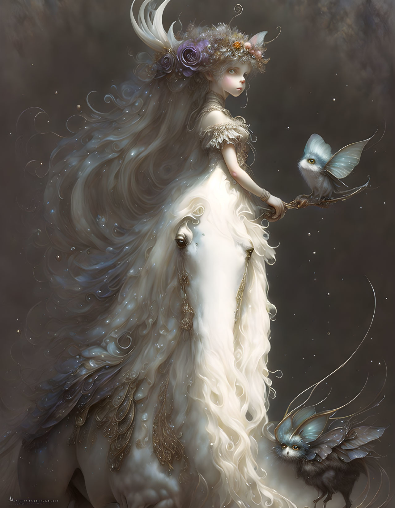 Mystical woman in white gown with floral crown reaching out to magical bird