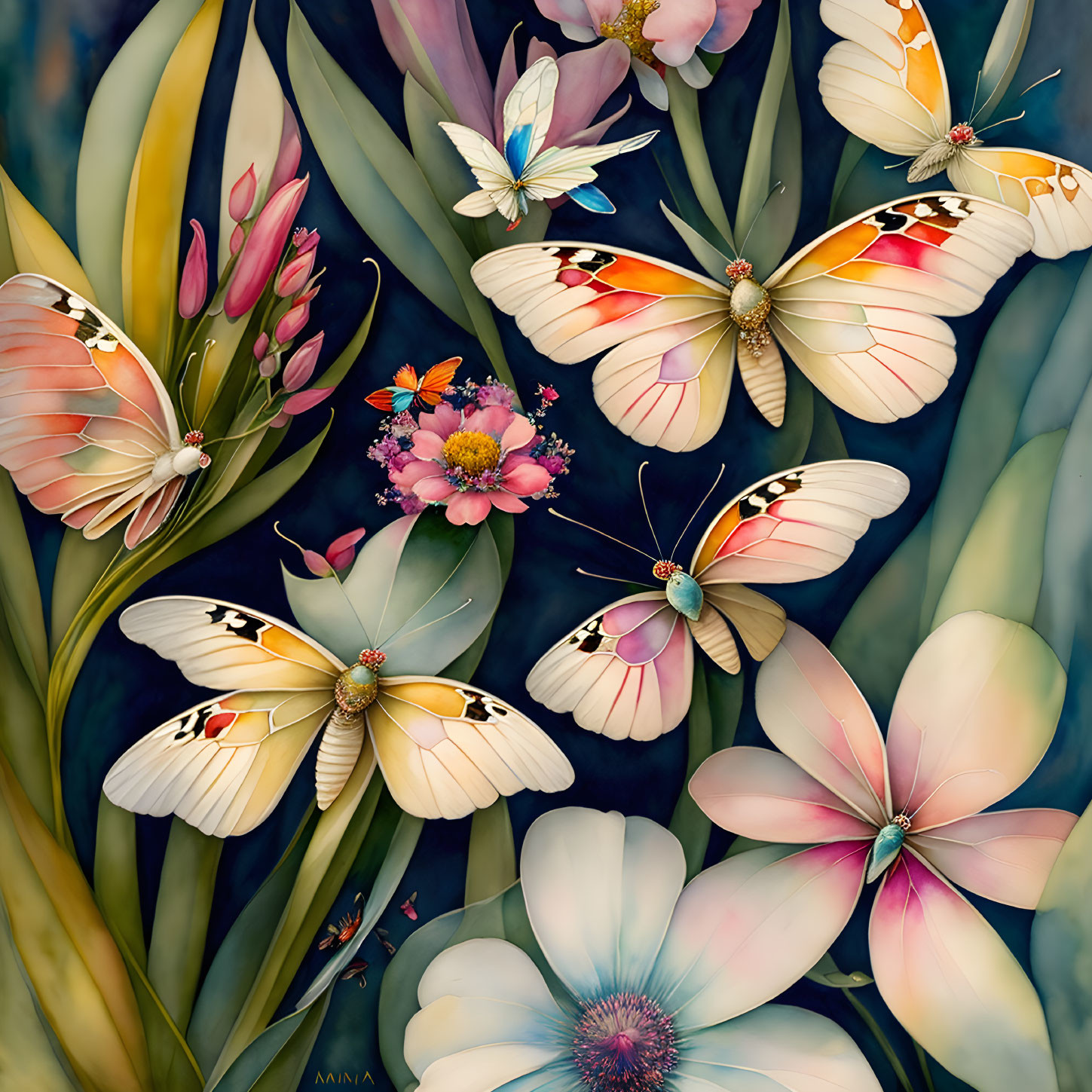 Vibrant Butterflies and Flowers on Dark Background