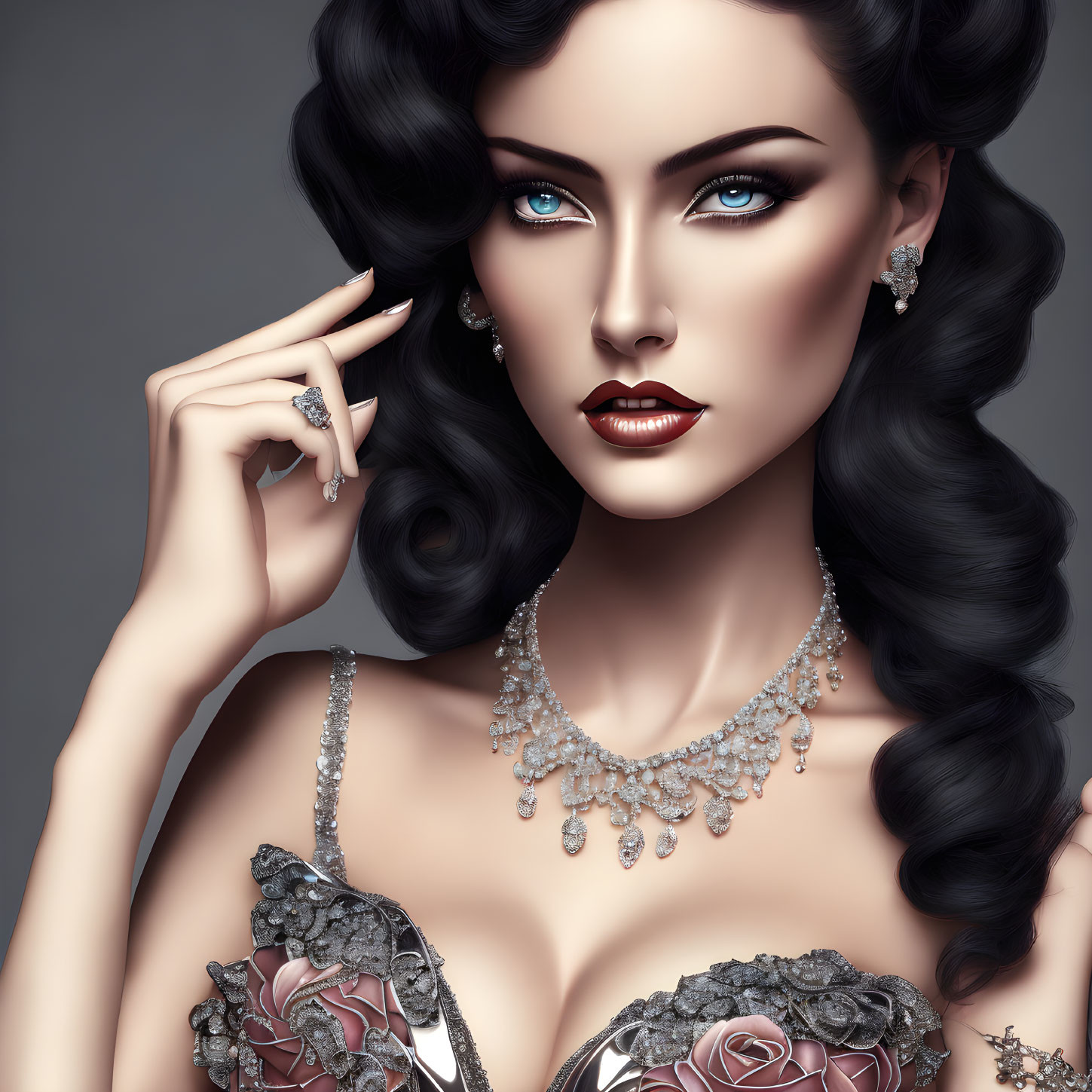 Stylish woman with wavy black hair, dark lipstick, diamond jewelry, and rose-patterned