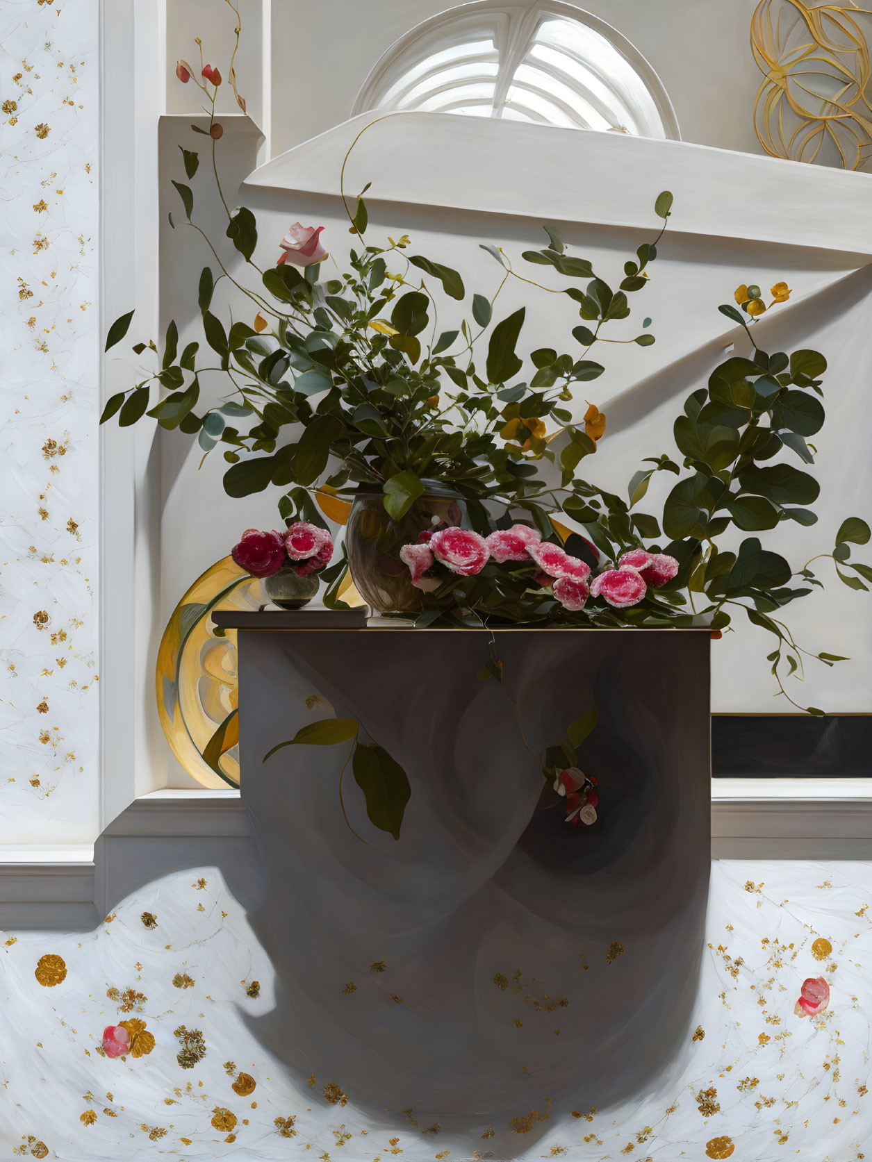 Pink roses in vase on patterned surface under white shelf and golden geometric window.