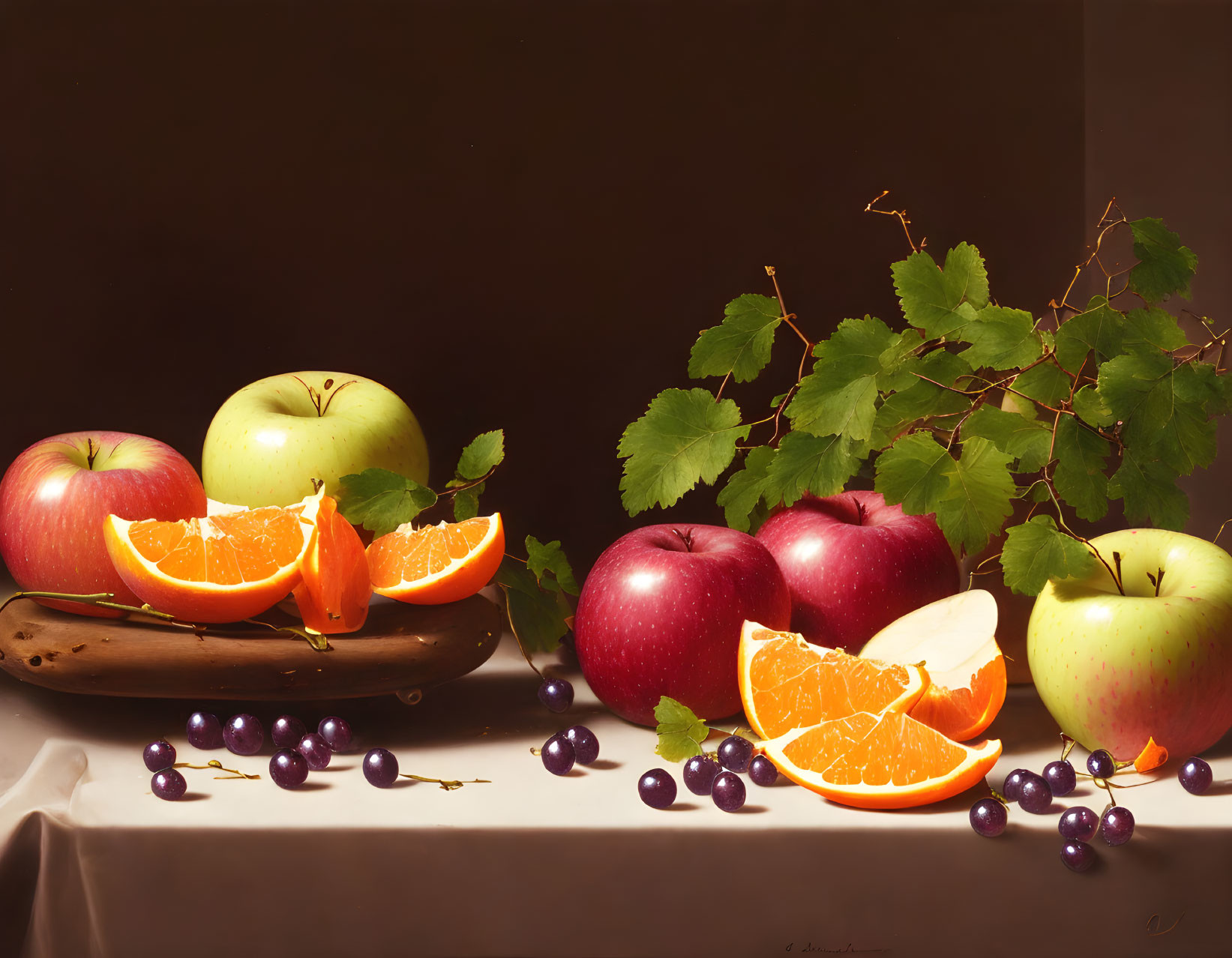 Classic still-life painting of apples, oranges, and grapes on a draped table.