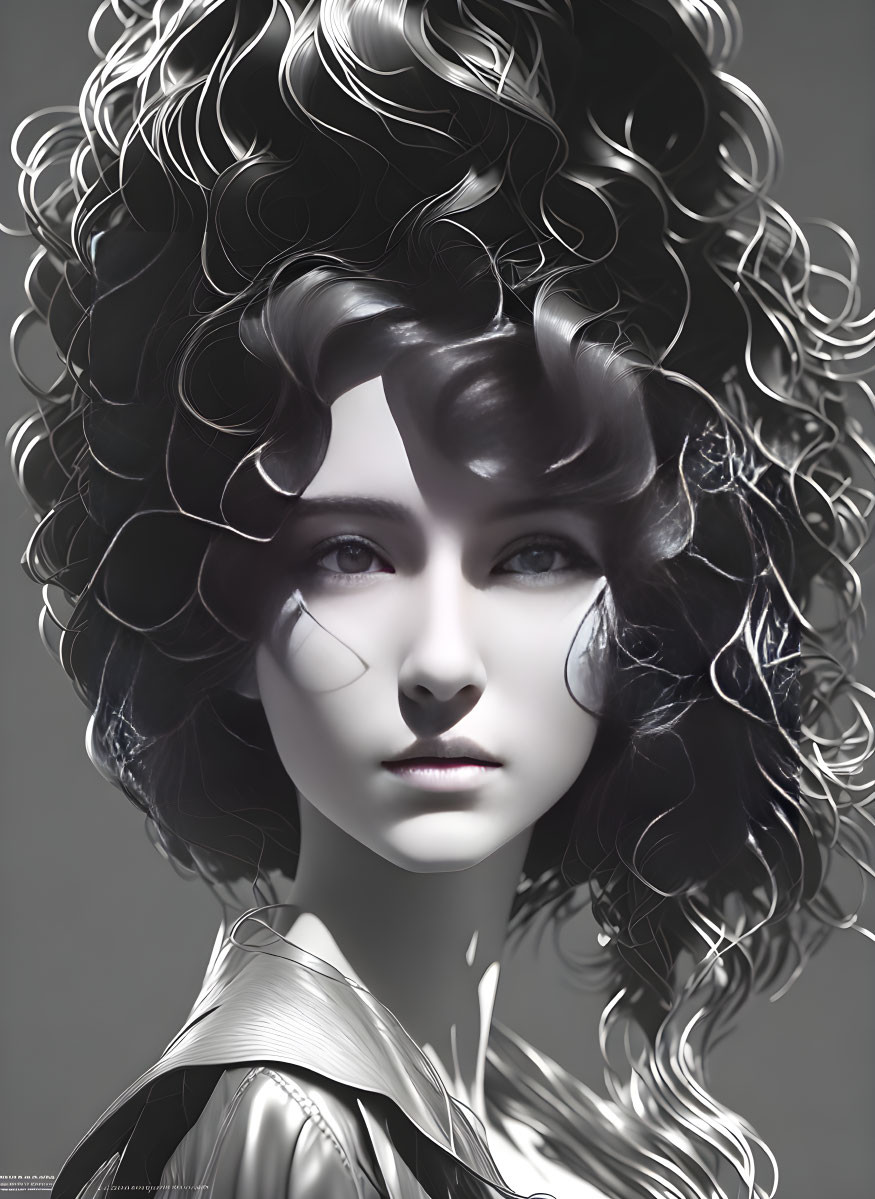 Monochrome portrait of a woman with voluminous curly hair and contemplative expression