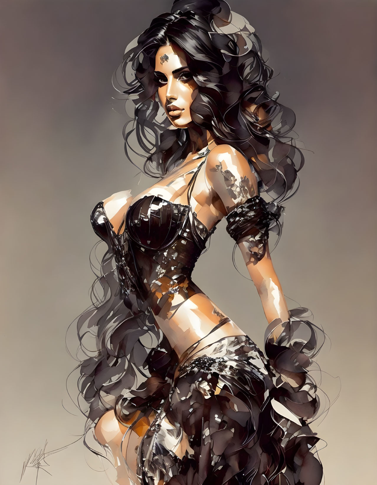 Stylized digital artwork of woman with curly hair in metallic dress