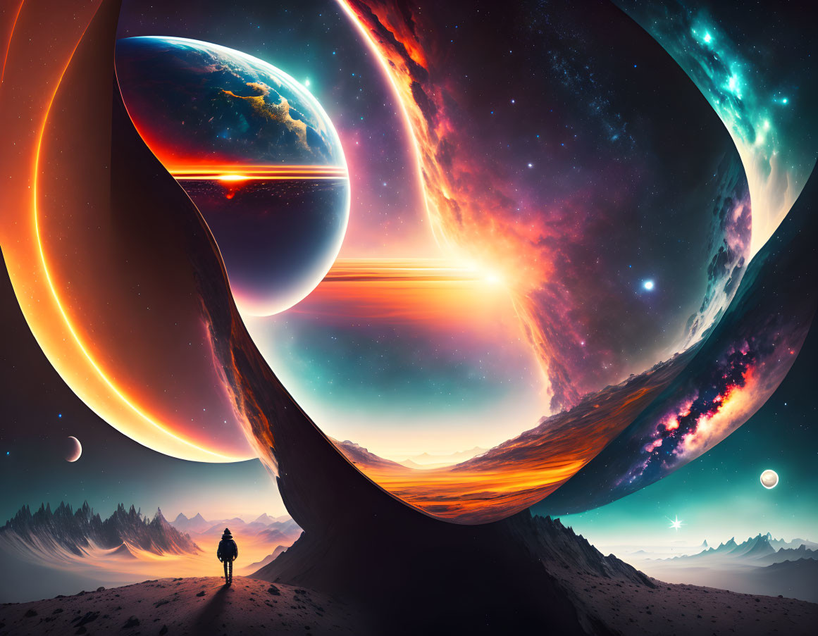 Person standing on surreal landscape with giant planets and moons in sky.