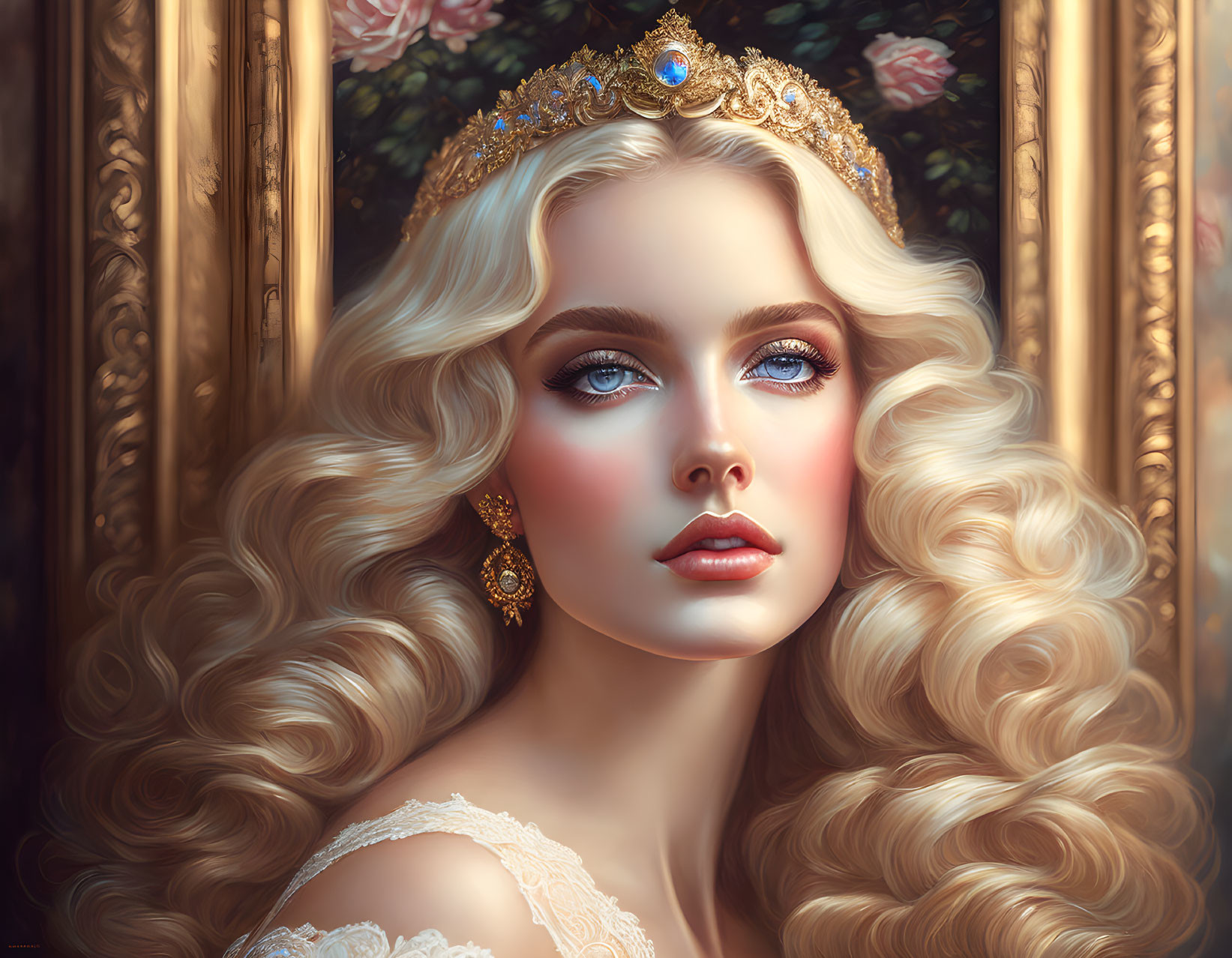 Illustration of woman with curly blonde hair, golden crown, blue eyes, and lace dress