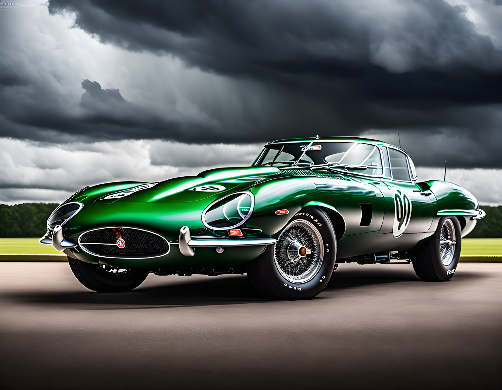 Vintage Green Jaguar E-Type with White Racing Stripes and Number "10" on Asphalt Road