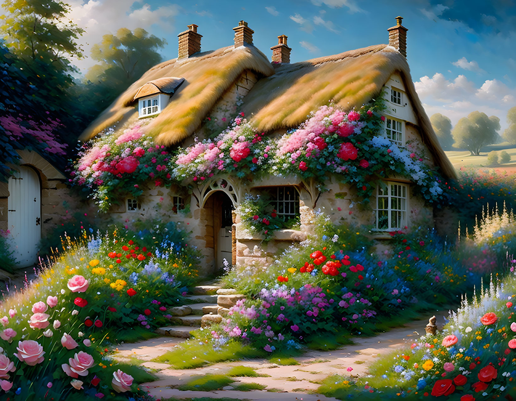 Thatched Cottage Surrounded by Lush Gardens and Flowers