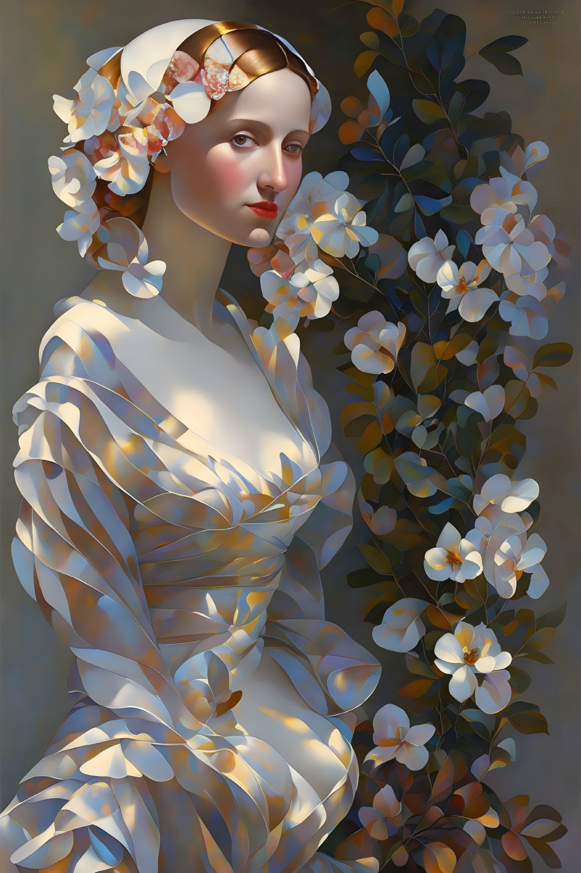 Digital artwork of woman in golden petal clothes with white flowers, standing by plant