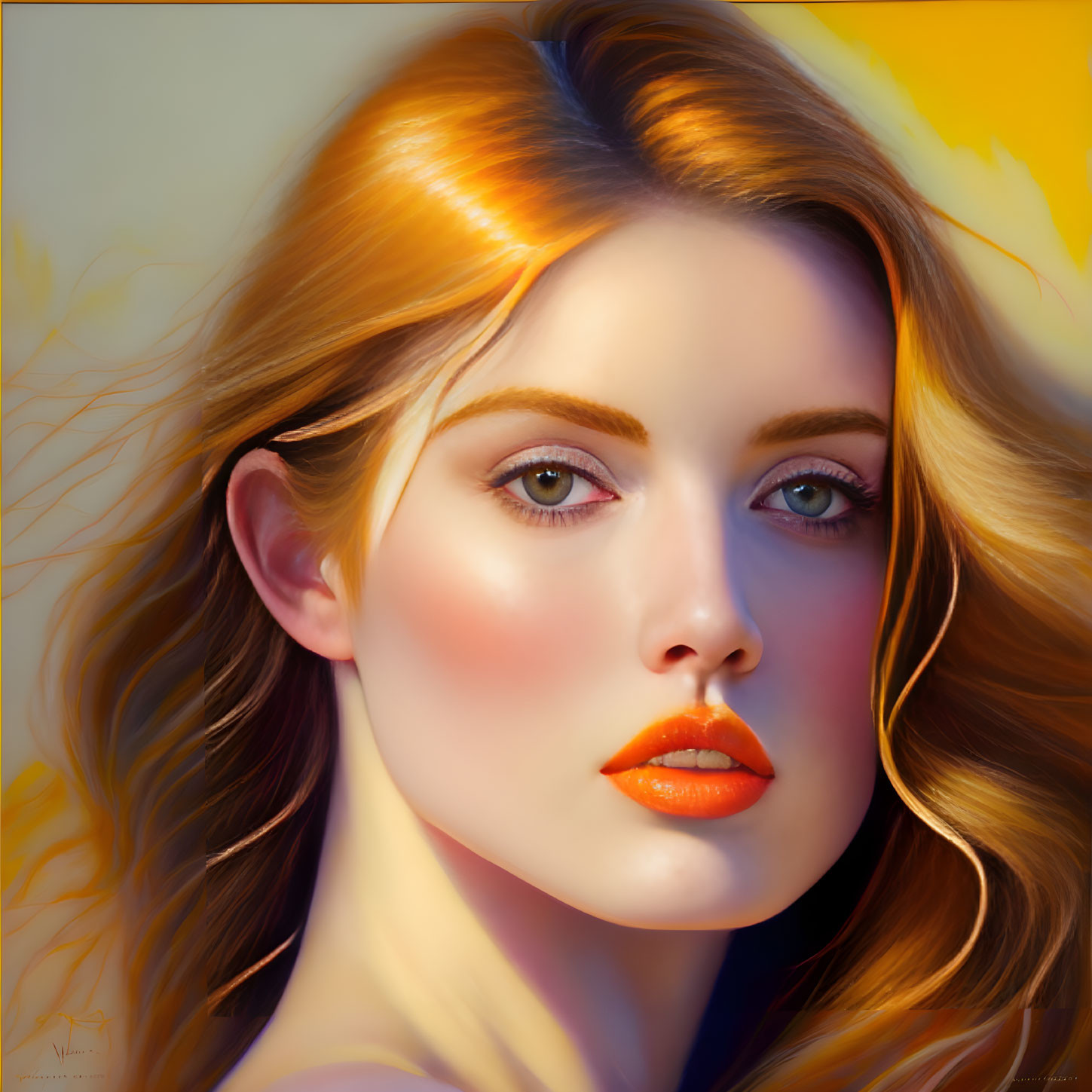 Blonde woman portrait with green eyes and orange lips in golden lighting