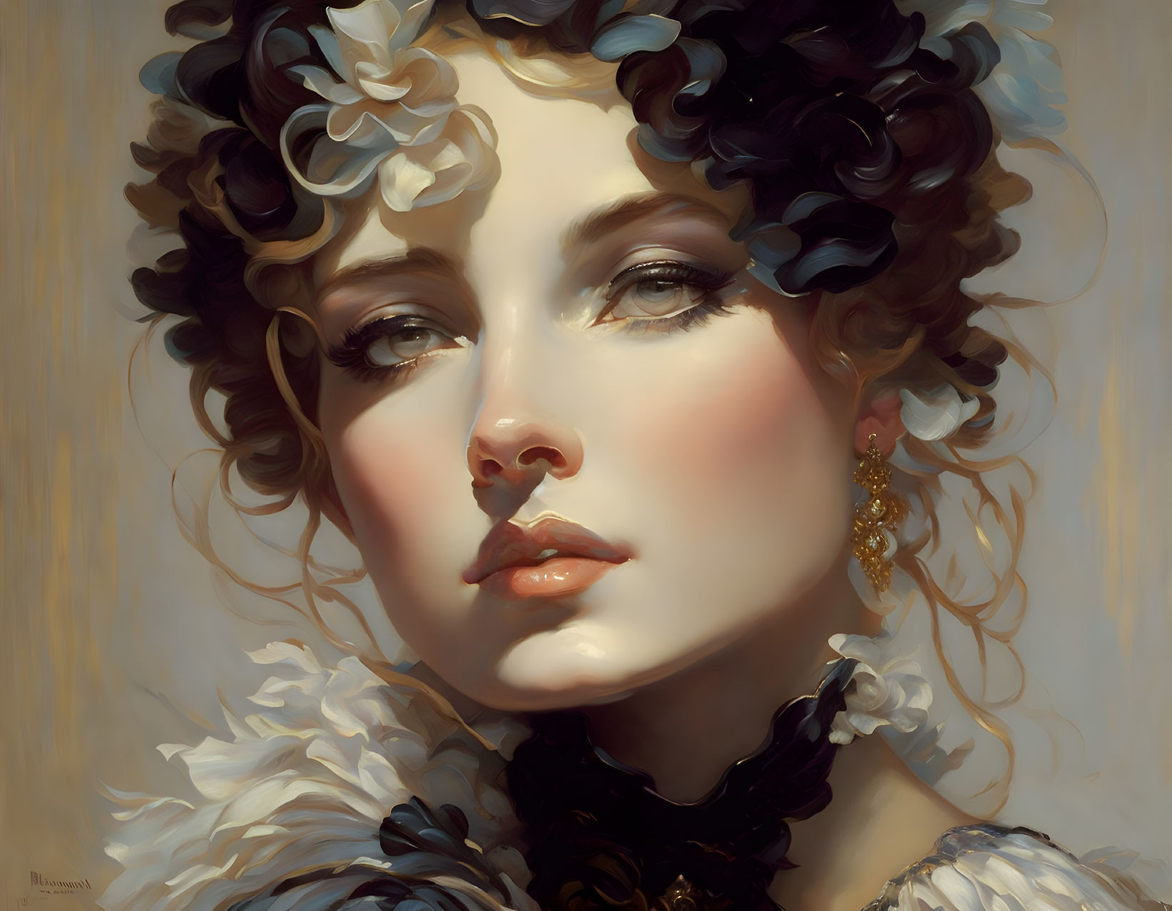 Digital painting of woman with ornate hairstyle and floral accessories in ruffled white garment.