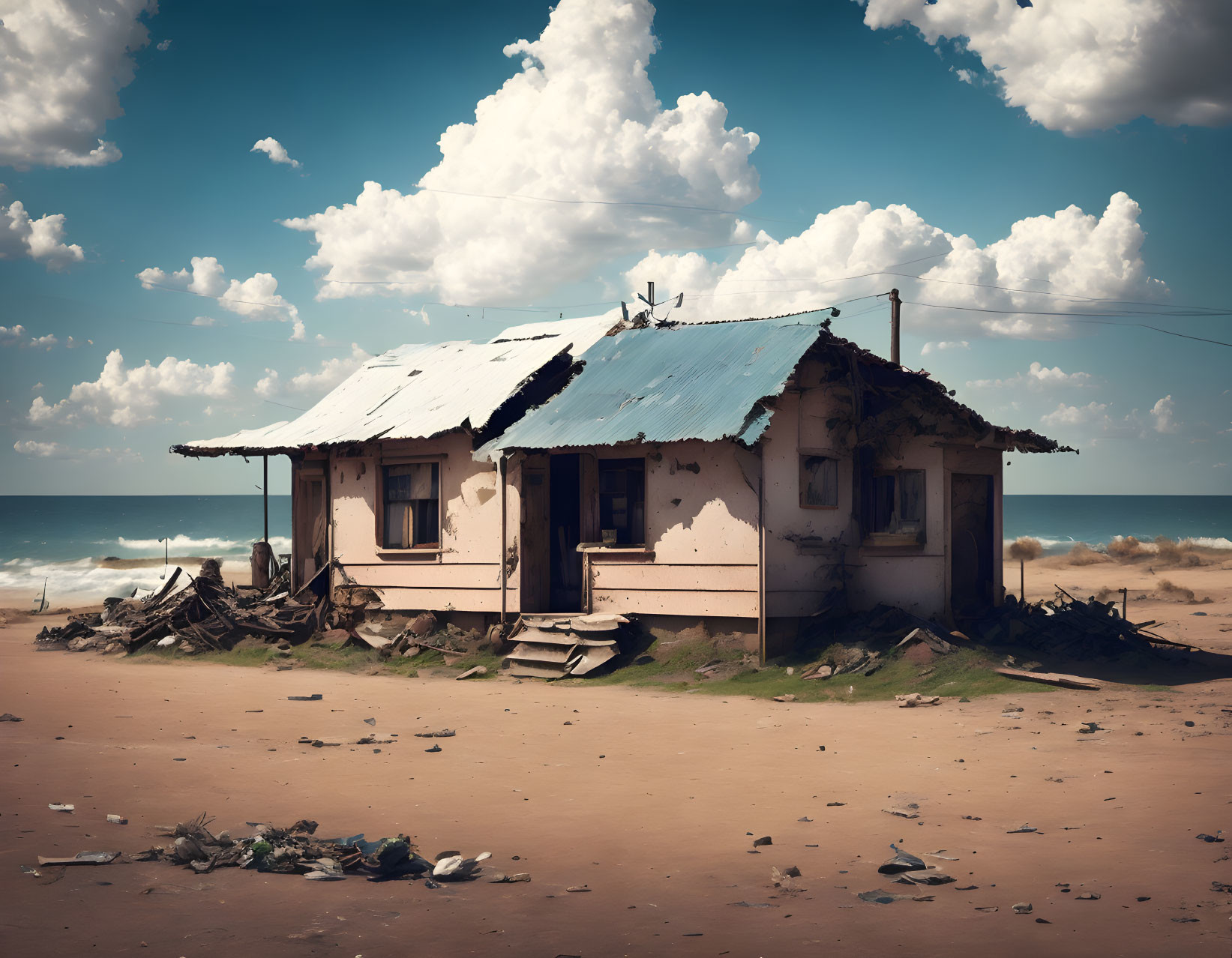 Abandoned beach house surrounded by debris under cloudy sky