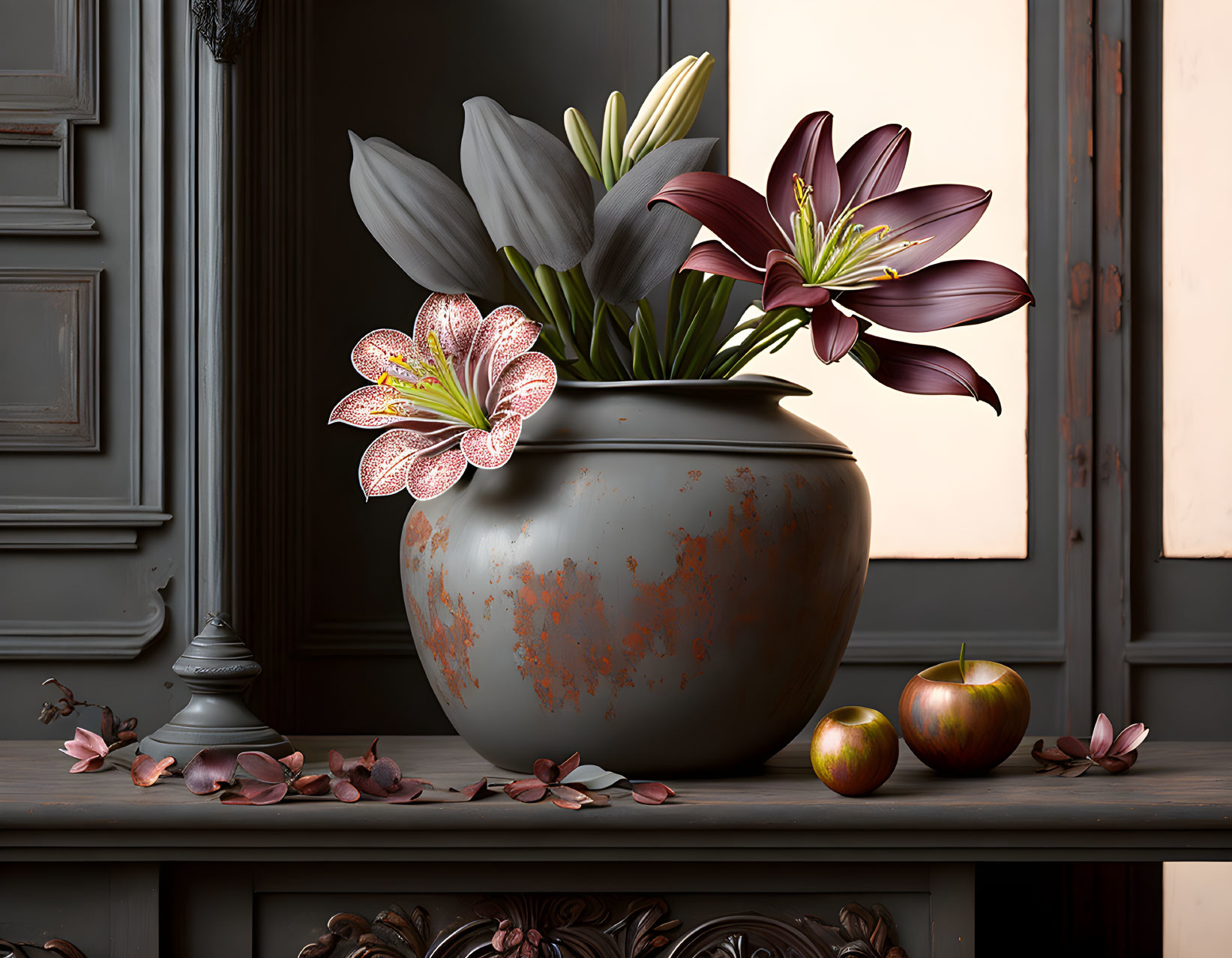 Rustic pot with lilies, leaves, buds, apples, and petals on wooden surface