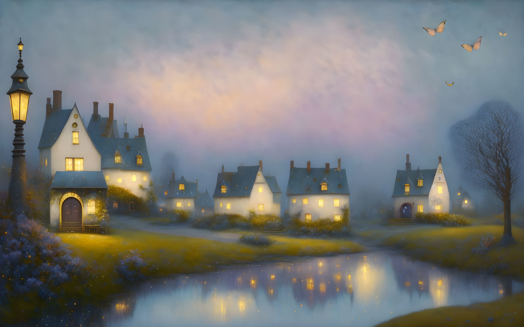 Tranquil village at twilight with glowing cottages, lamp post, serene pond, butterflies, and