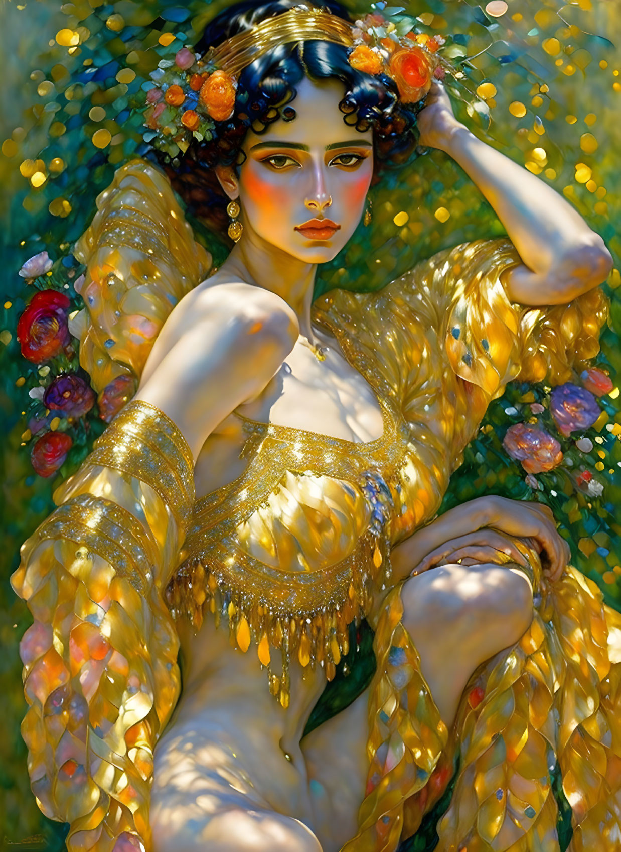 Woman in Gold Attire and Flowers on Sparkling Golden Background