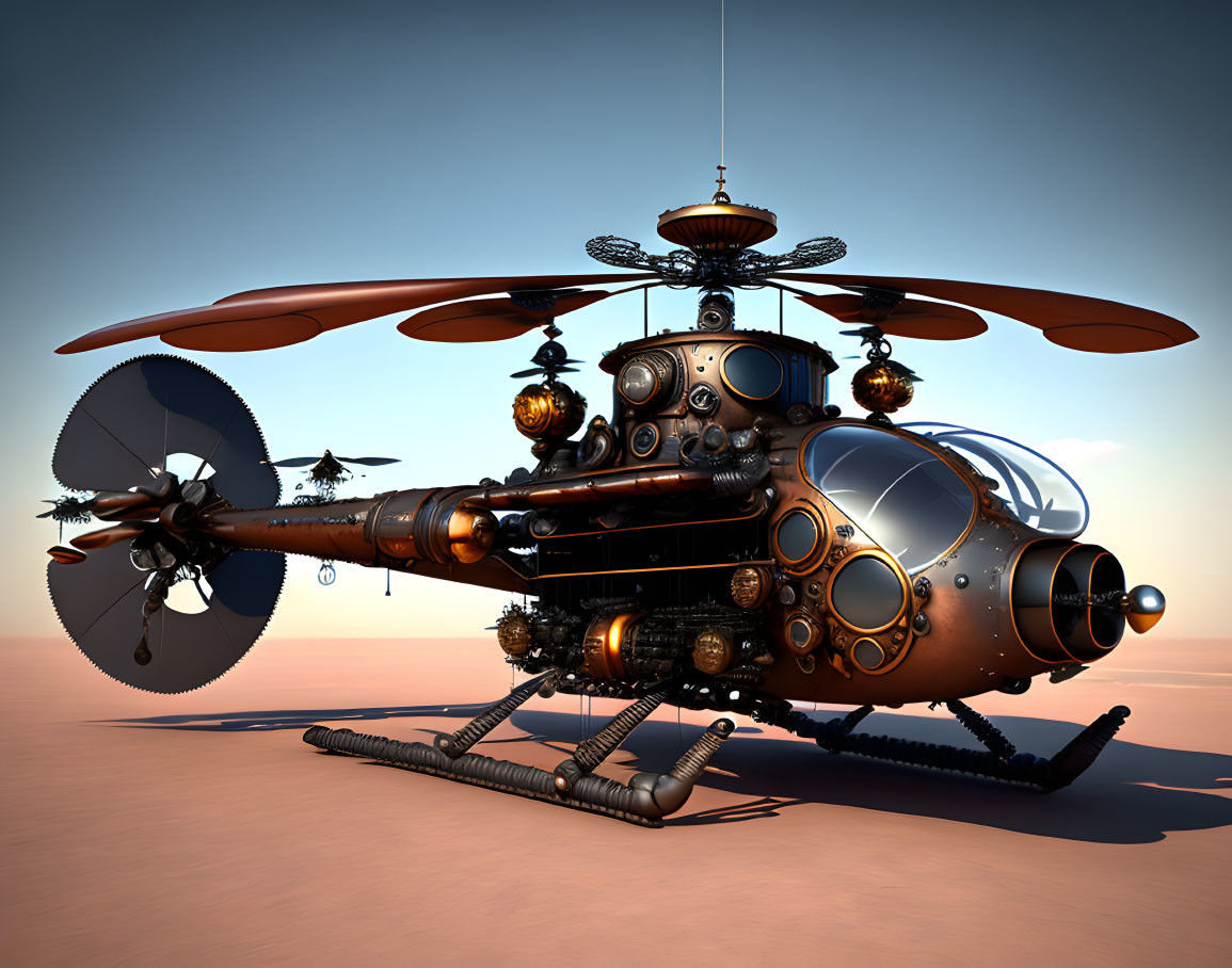 Steampunk-style helicopter with multiple rotors and bronze gears on desert surface at sunset