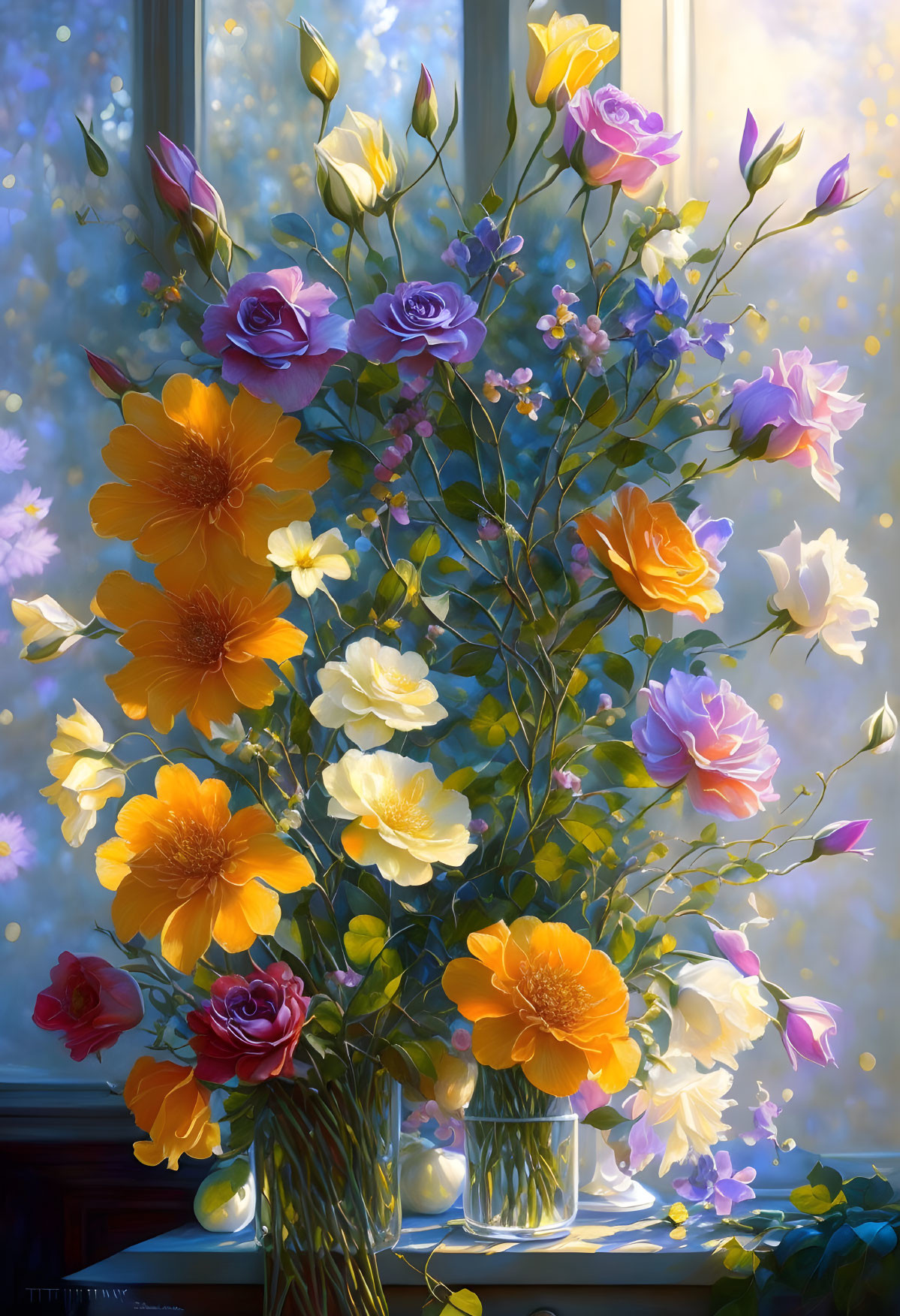 Colorful Rose Bouquet in Glass Vase on Sunlit Windowsill