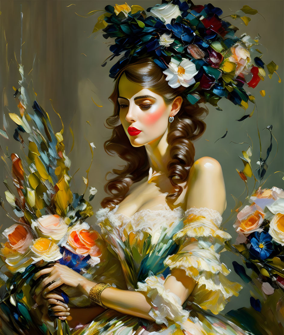 Vibrant floral hat and bouquet in classical painting style