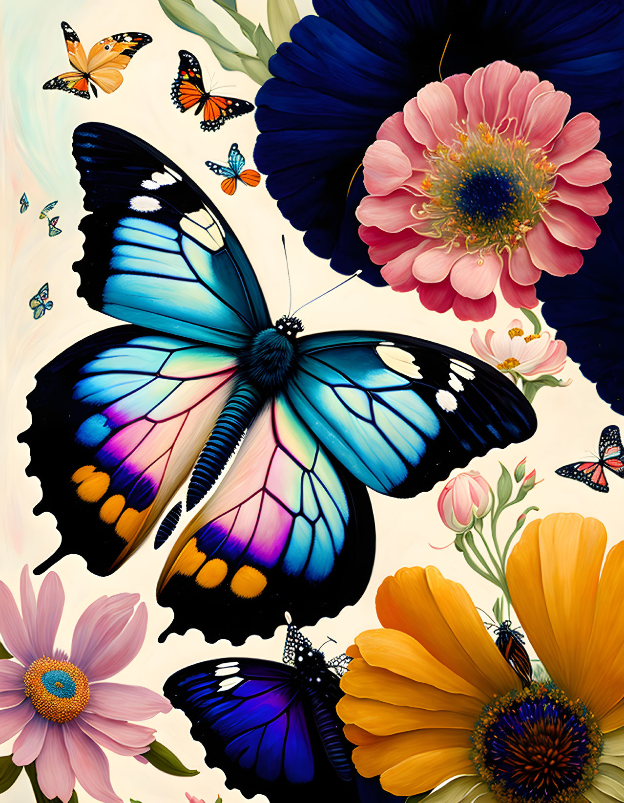 Colorful Butterfly Illustration Among Flowers and Butterflies