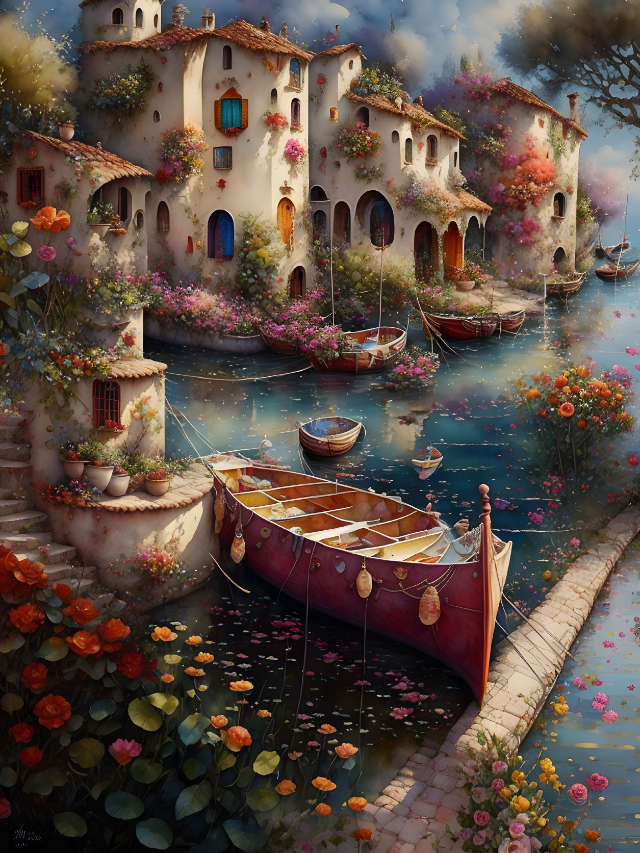 Tranquil waterfront village with blooming flowers and moored boats