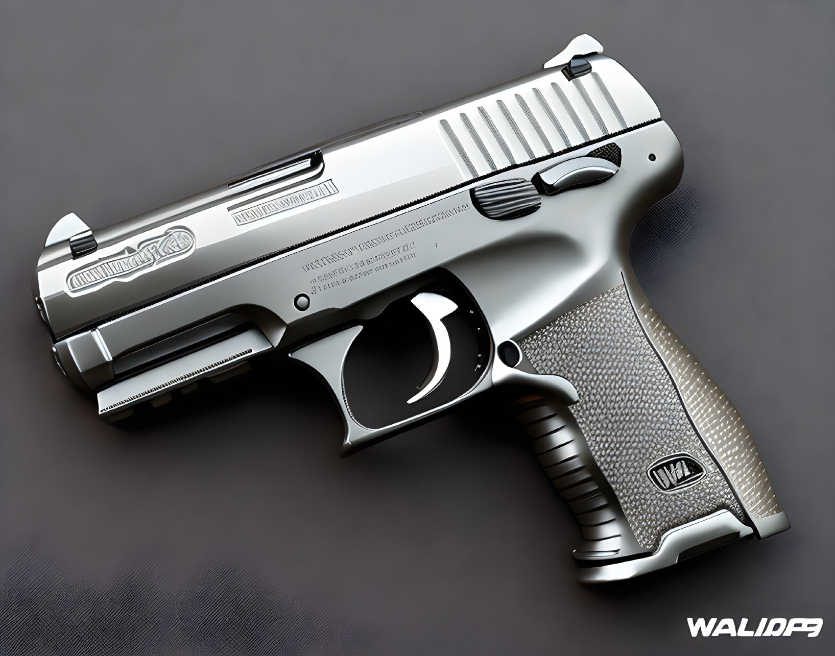 Silver and Black Semi-Automatic Pistol with Textured Grip and Engraved Details