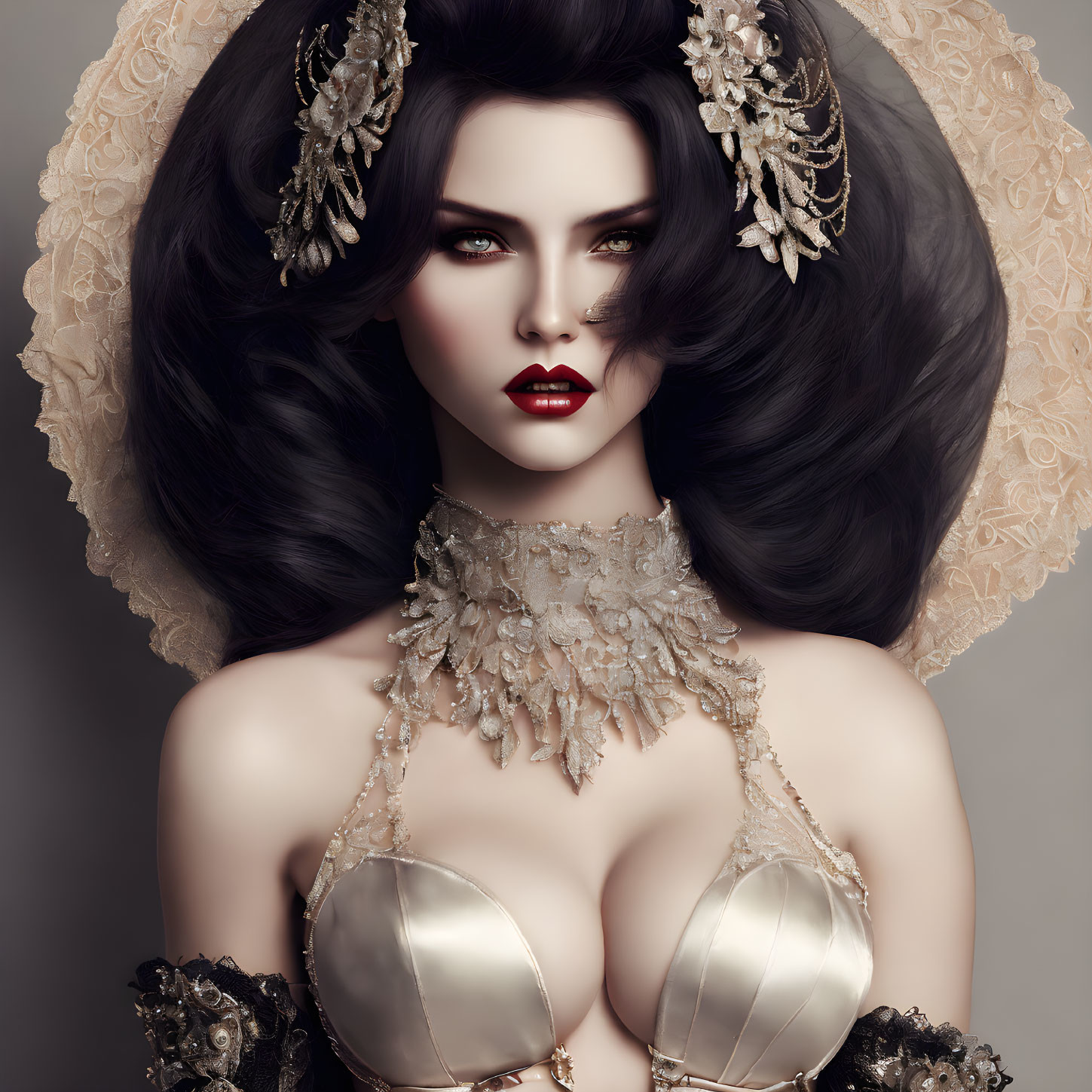 Dramatic makeup and gold headpieces on woman with dark hair