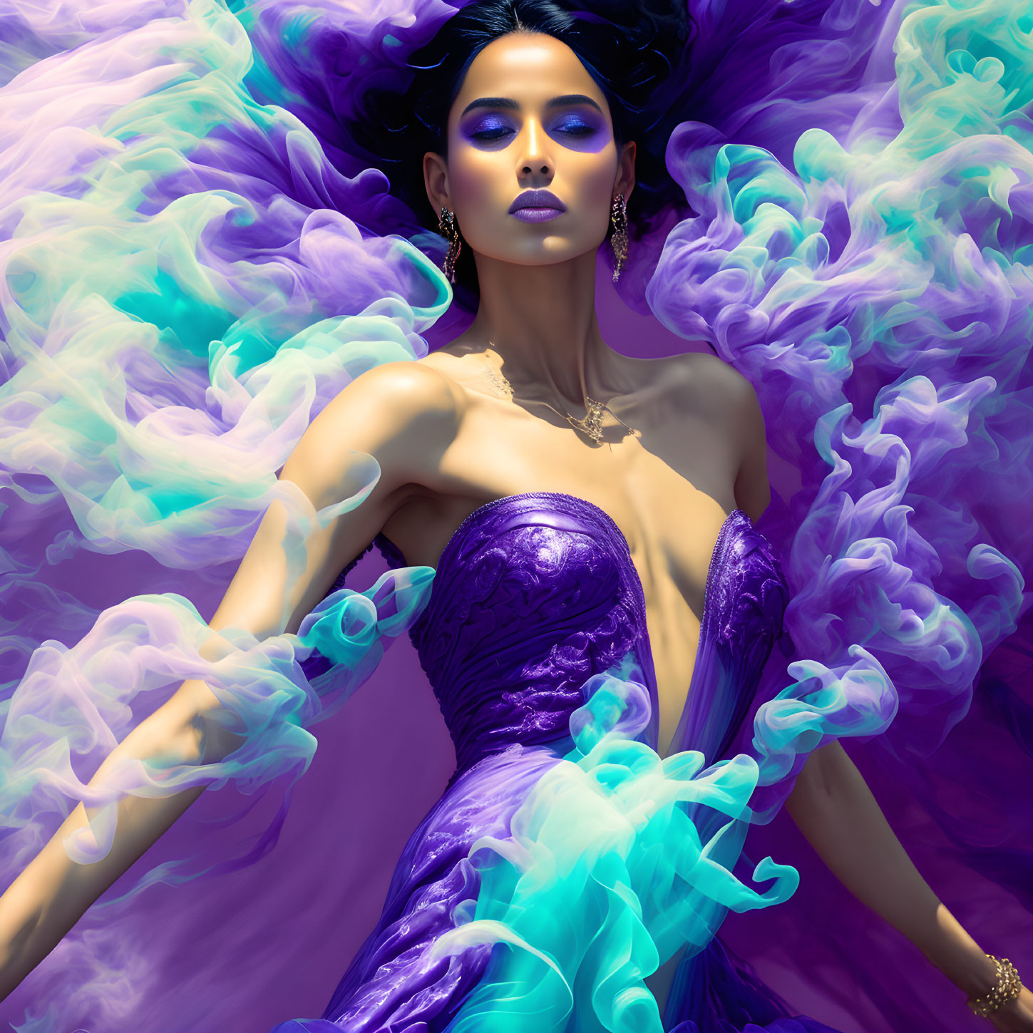 Woman in Purple Dress Surrounded by Swirling Blue and Purple Smoke