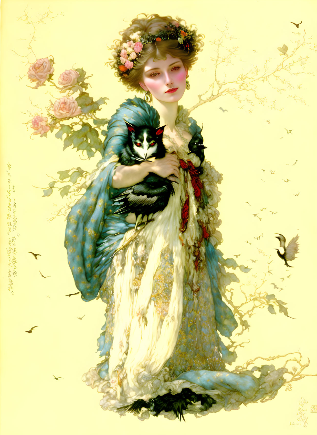 Woman in floral headpiece with peacock, roses, and birds on yellow background