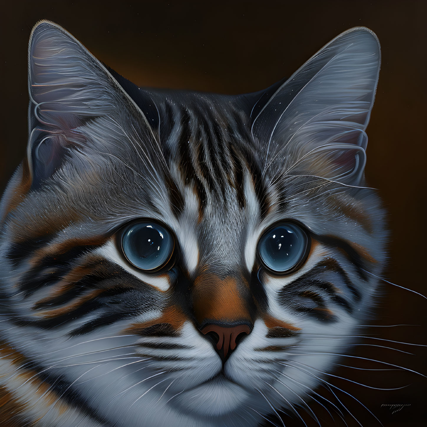 Hyper-realistic painting of tabby cat with blue eyes and intricate fur detail