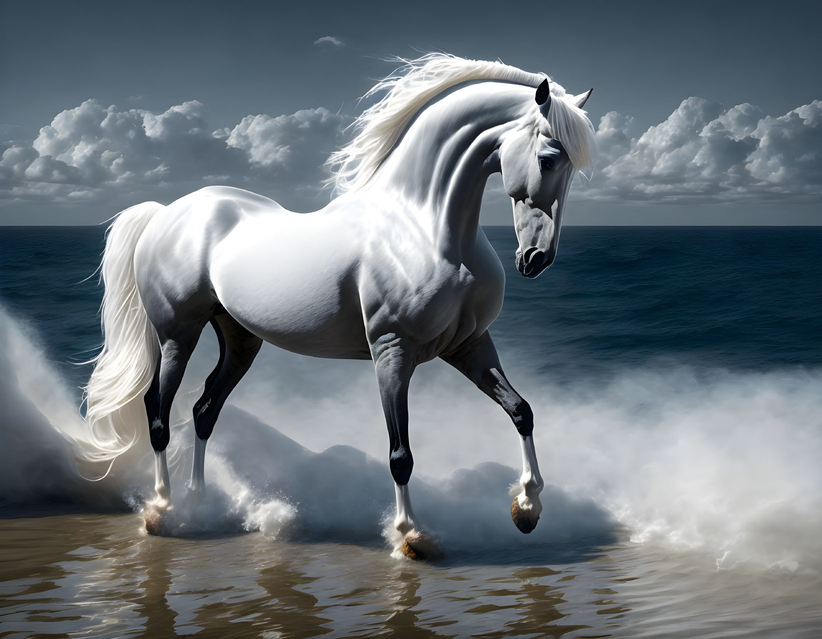 White horse galloping on sandy beach with waves breaking - serene scene