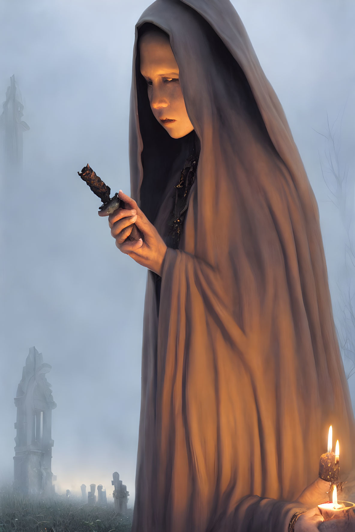 Cloaked figure with candle and talisman in foggy graveyard