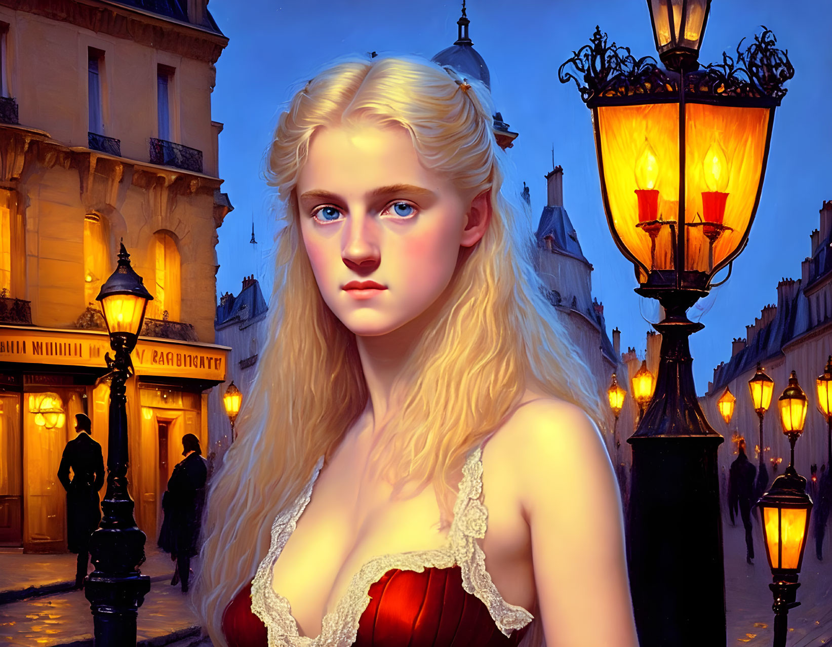 Digital artwork featuring young woman with blond hair and blue eyes in red dress on Parisian street.