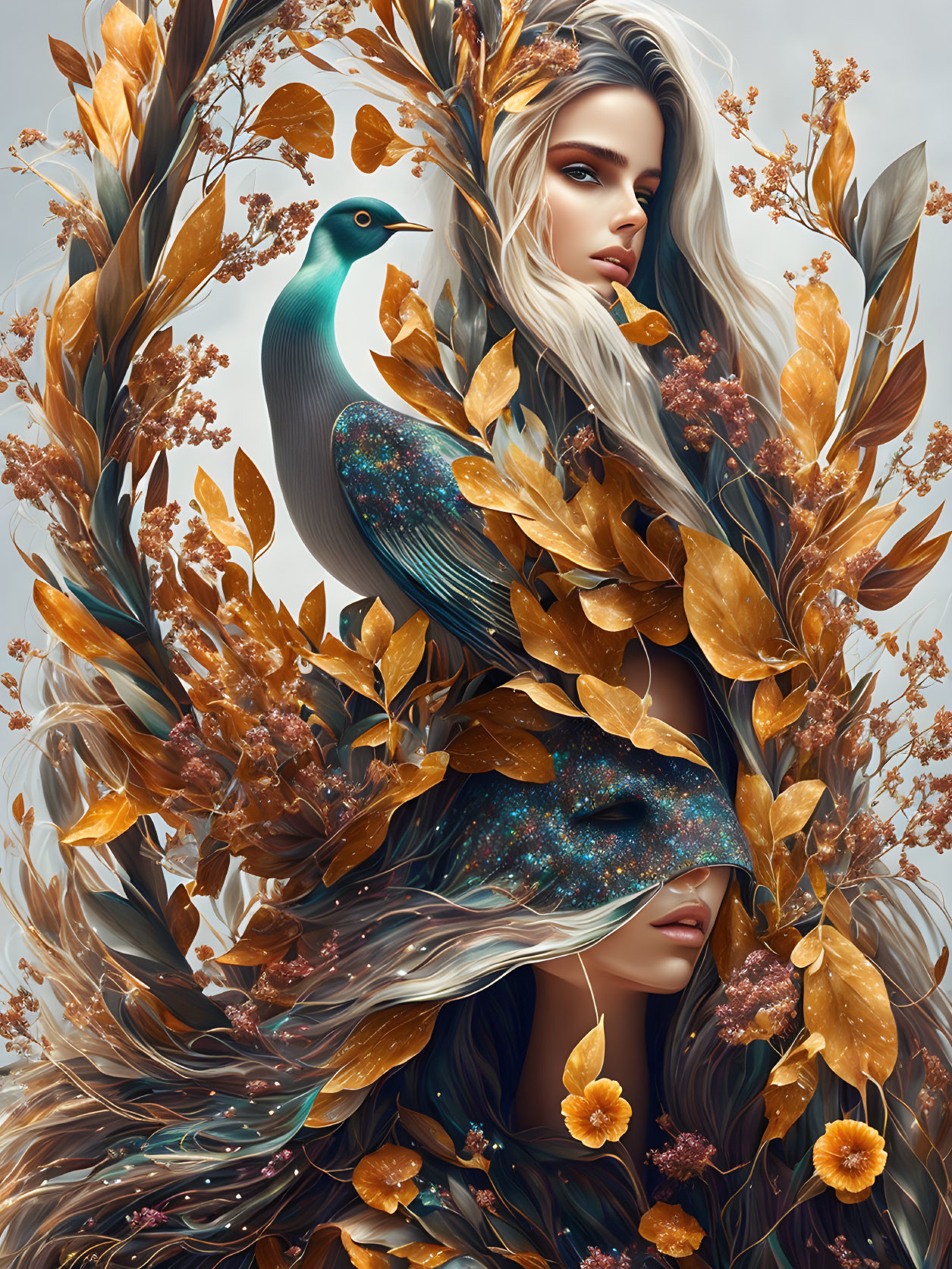 Surreal portrait of two women with flowing hair and autumn leaves, vibrant peacock, muted background