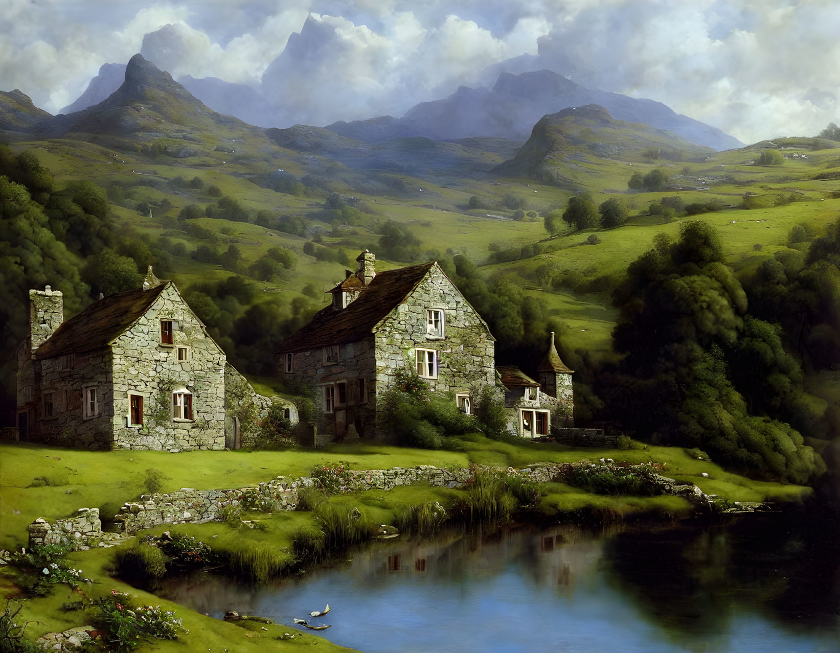 Tranquil rural landscape with stone houses, pond, hills, and mountains