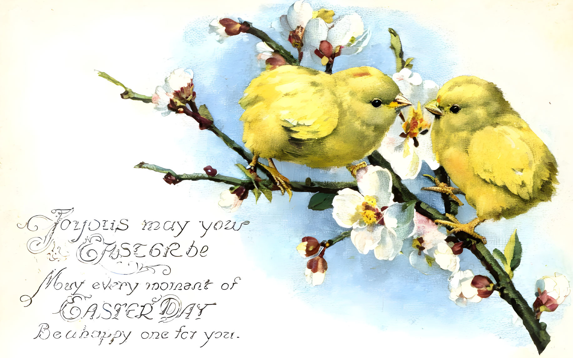 Yellow birds on blossoming branch with vintage Easter greeting