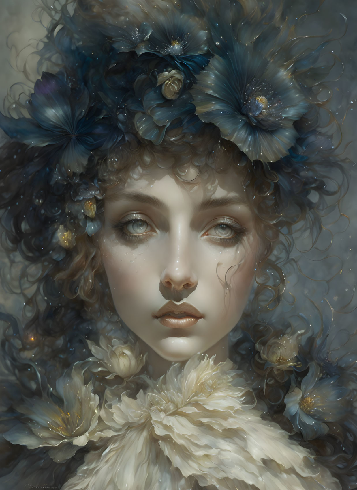 Woman with Curly Hair and Blue Flowers in Dreamy Attire