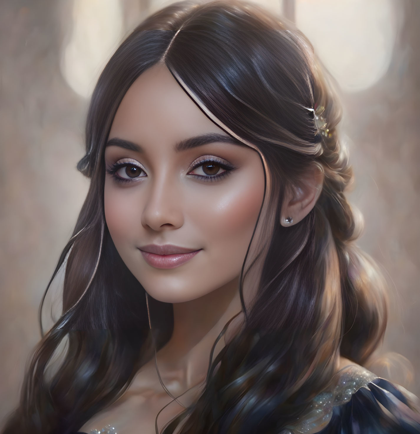 Young woman's digital portrait: subtle smile, dark hair, clear skin, sparkling earrings, soft-focus