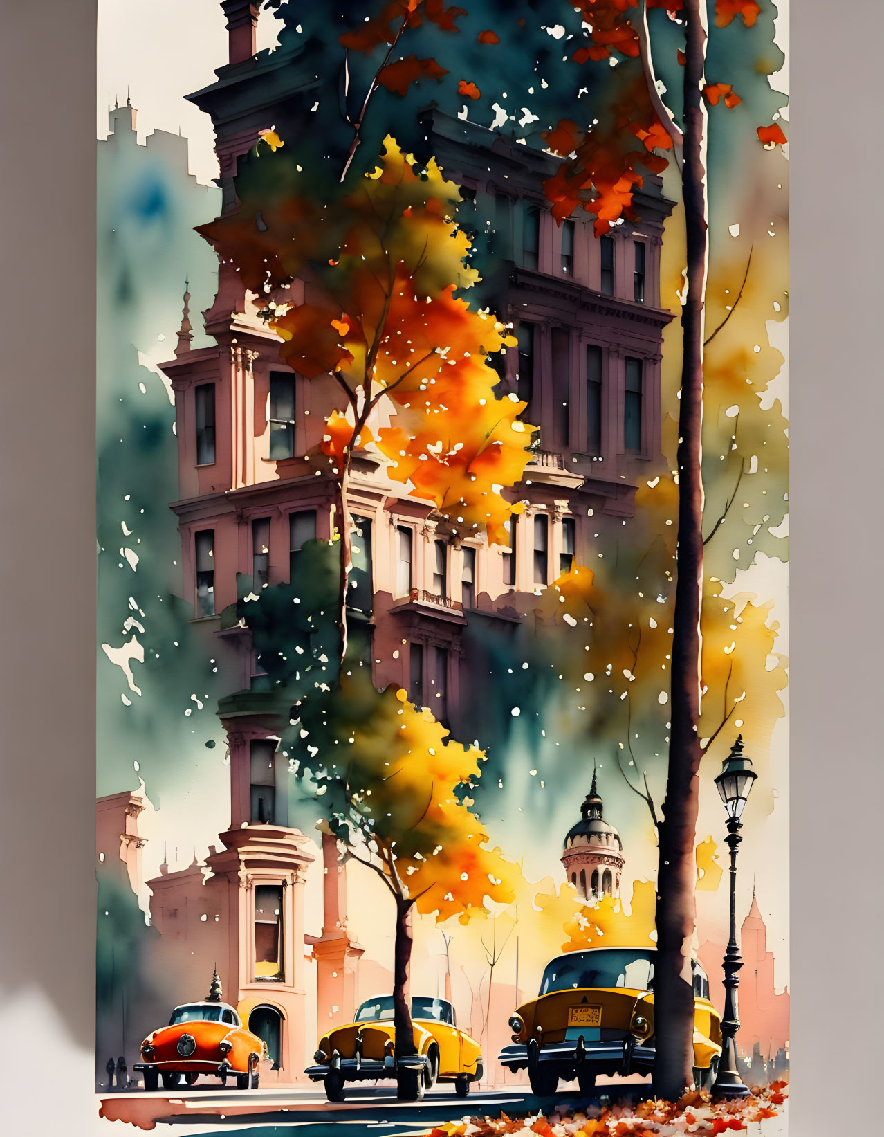 Autumn landscape with vintage cars and classic architecture.