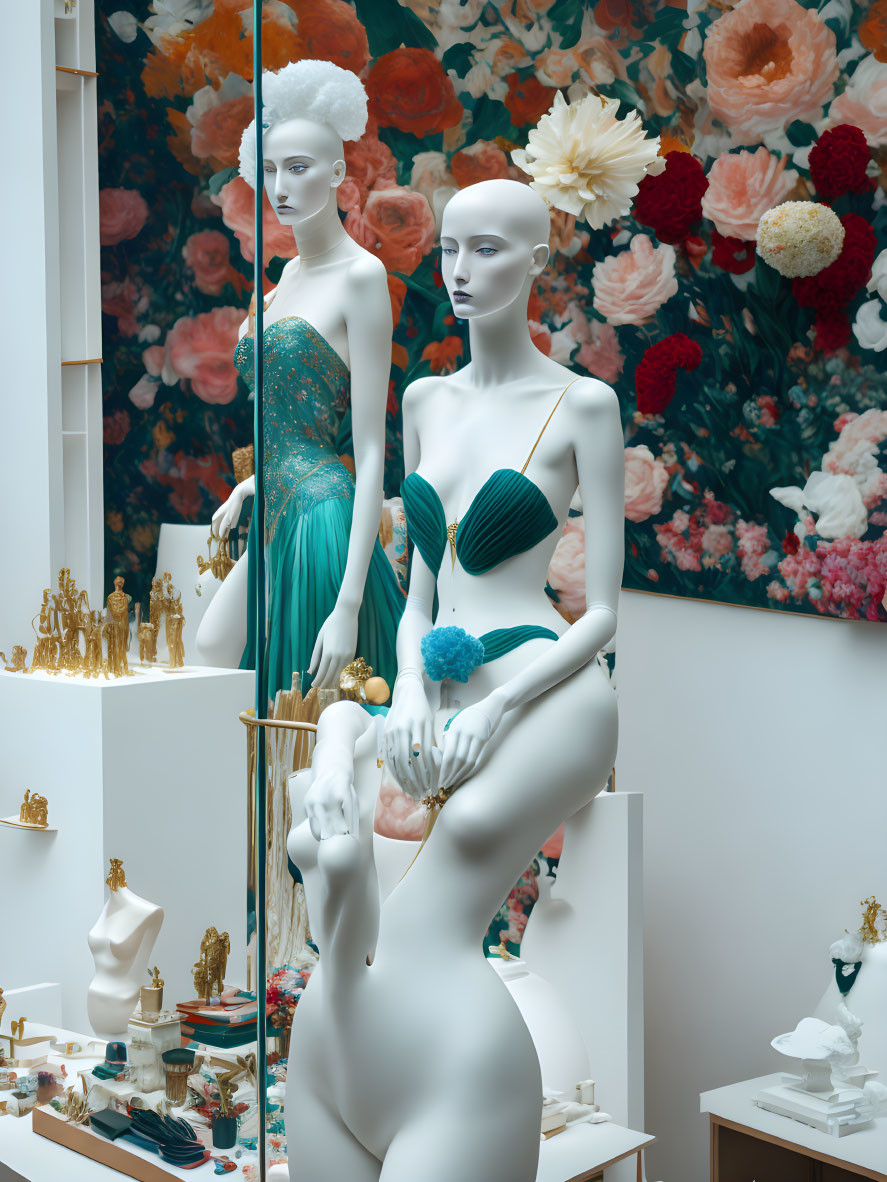 Boutique display featuring mannequins in turquoise gown and lingerie with jewelry and floral backdrop