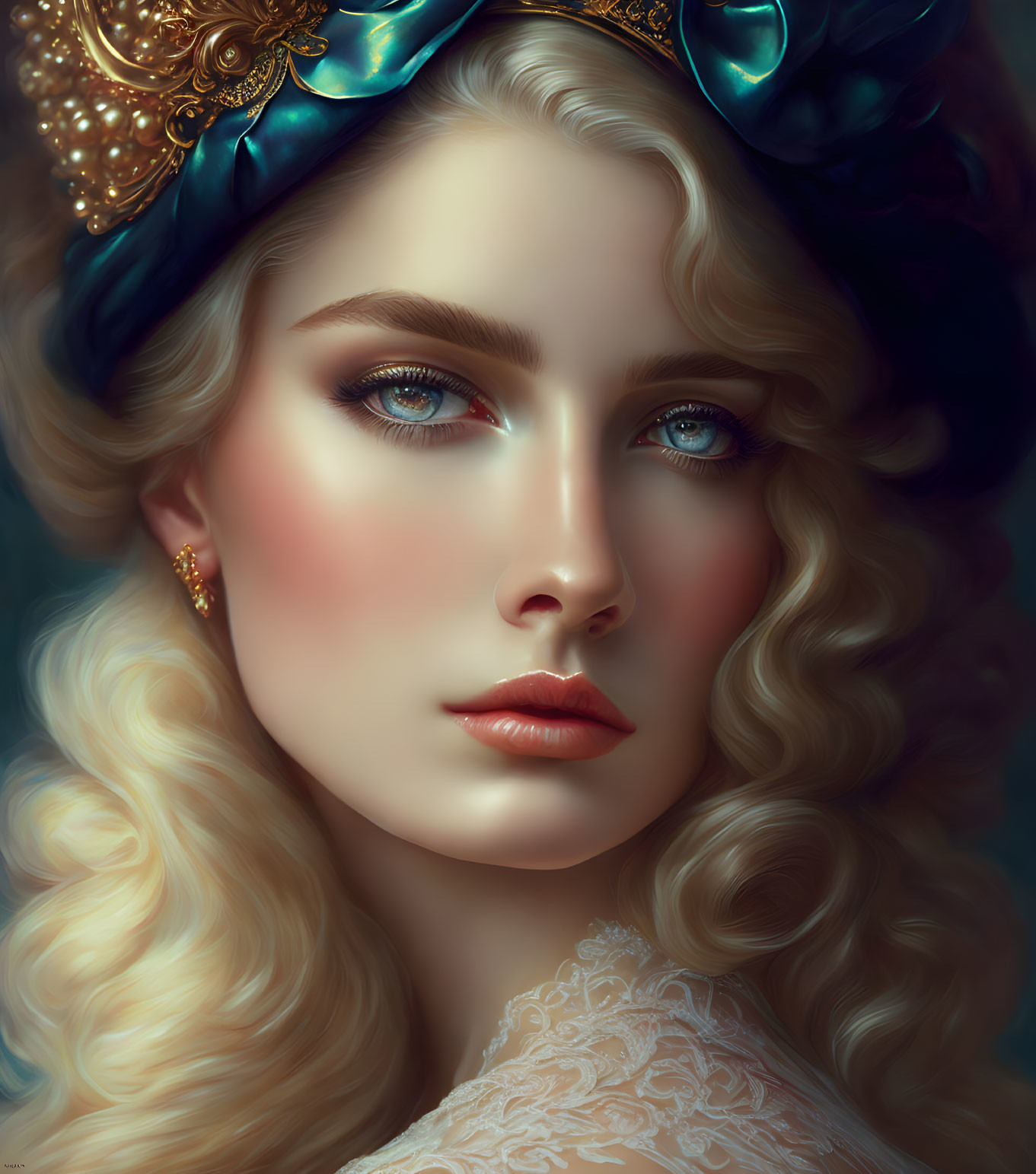 Detailed Digital Portrait of Woman with Blue Eyes and Curly Blonde Hair